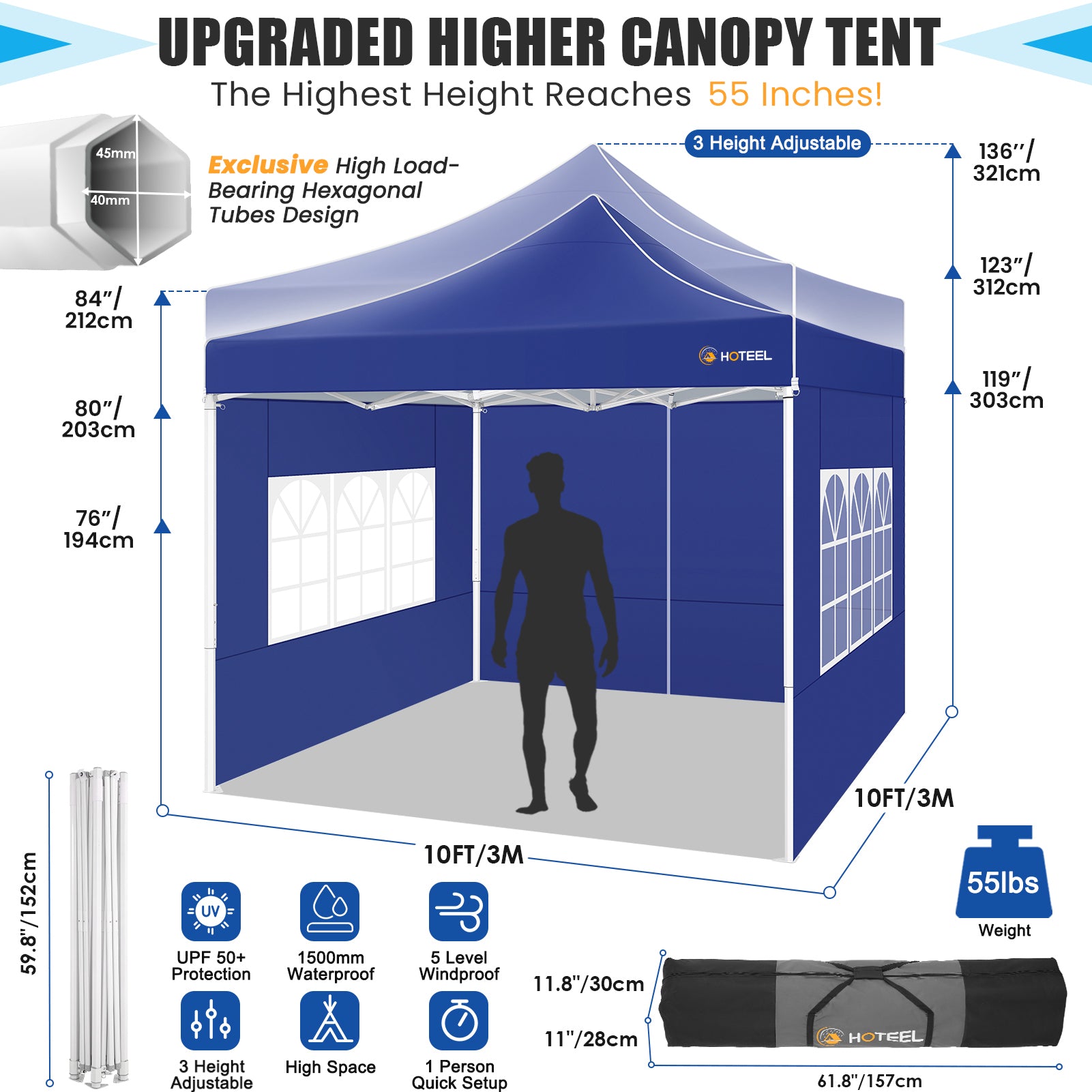 Hoteel 10'x10' Heavy Duty Canopy Tent with 4 Sidewalls, Commercial Instant Shelter Tent for Parties, Wedding Event, Adjustable Outdoor Canopy with Carry Bag, 4 Ropes & 8 Stakes, Dark Blue