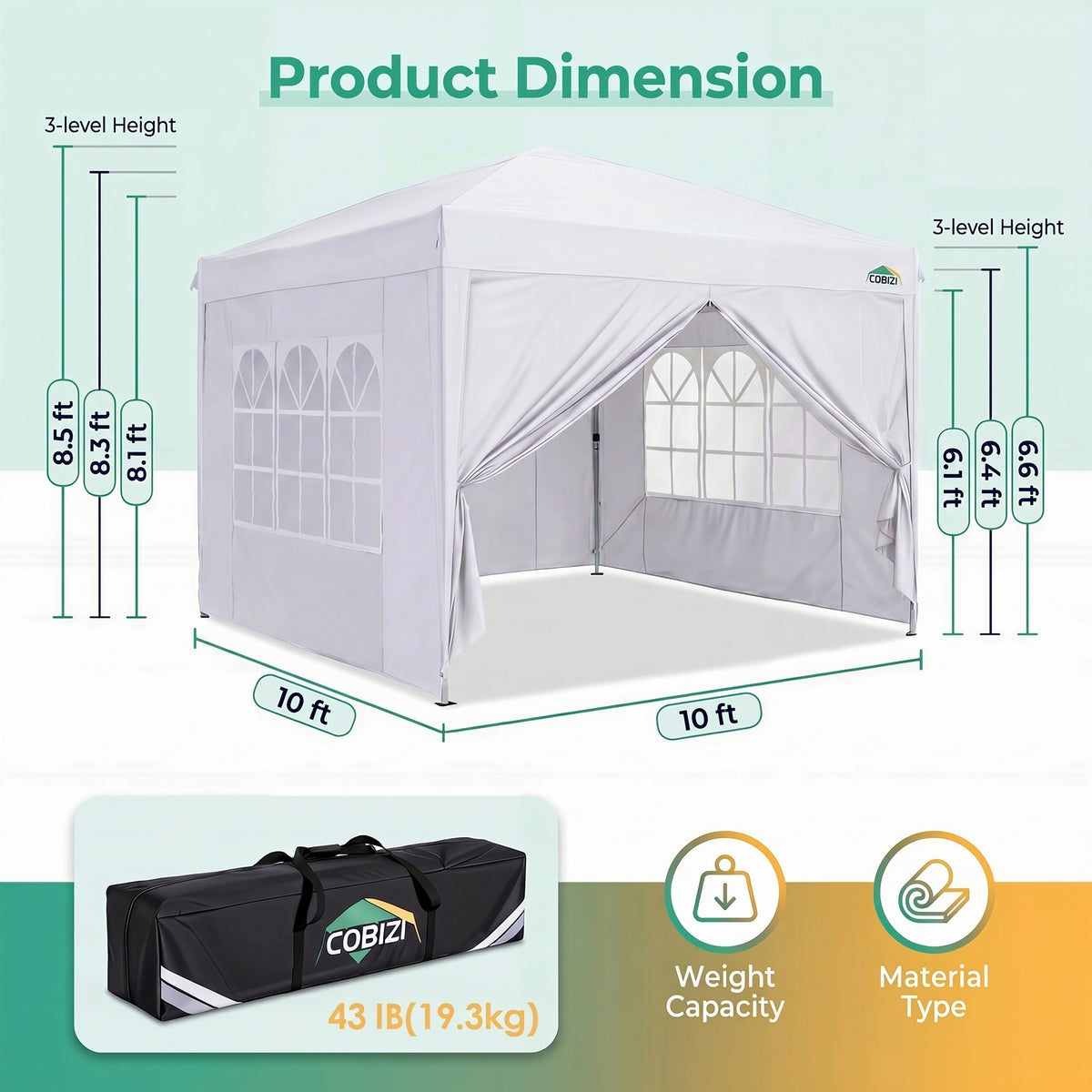 Cobizi 10'x10'/10'x20/10'x30' Protable Waterproof Pop up Canopy with 6 Sidewalls SPC202