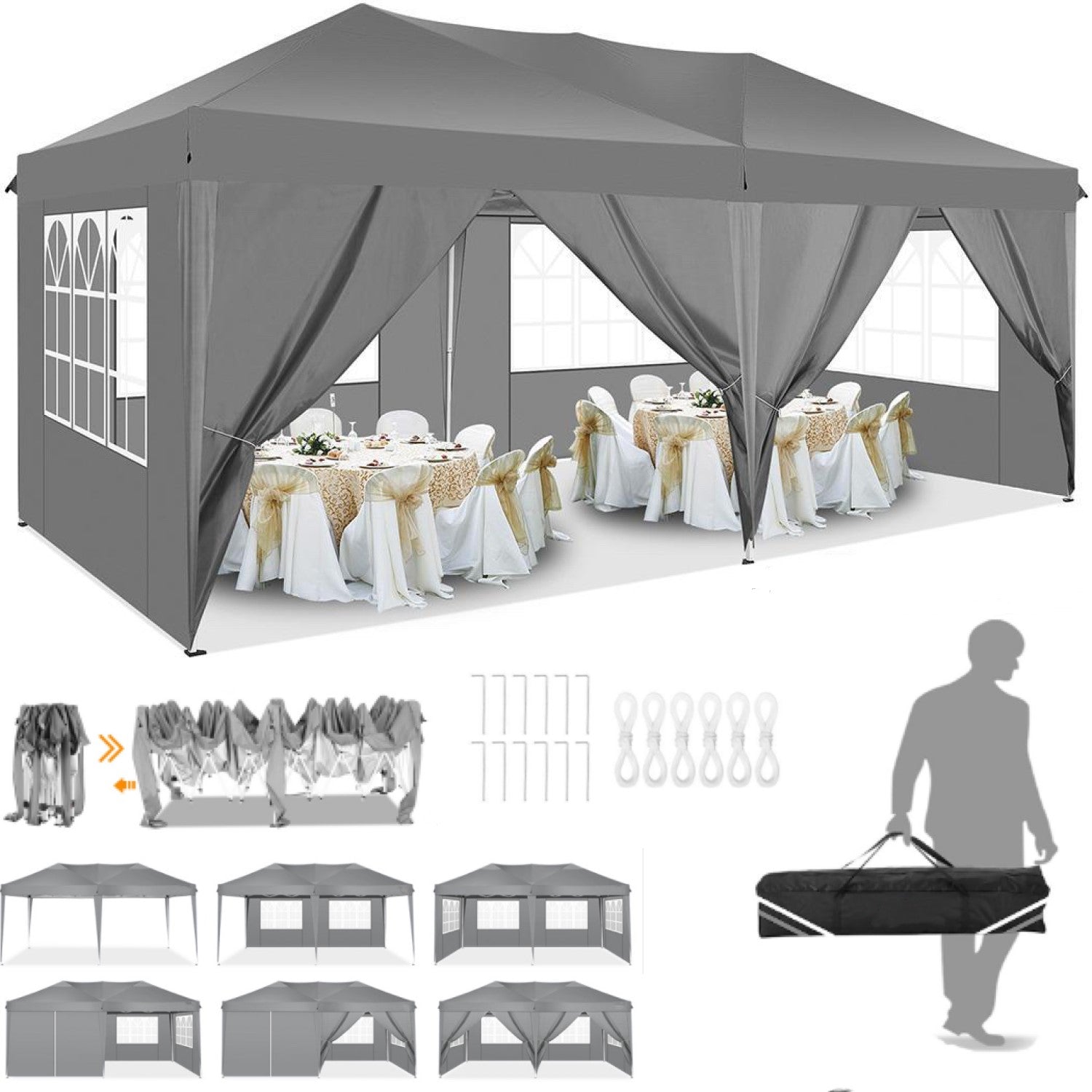 Hoteel 10x20ft Pop up Canopy, Fully Waterproof Canopy Tent with Sidewalls for Outdoor Sports, Black