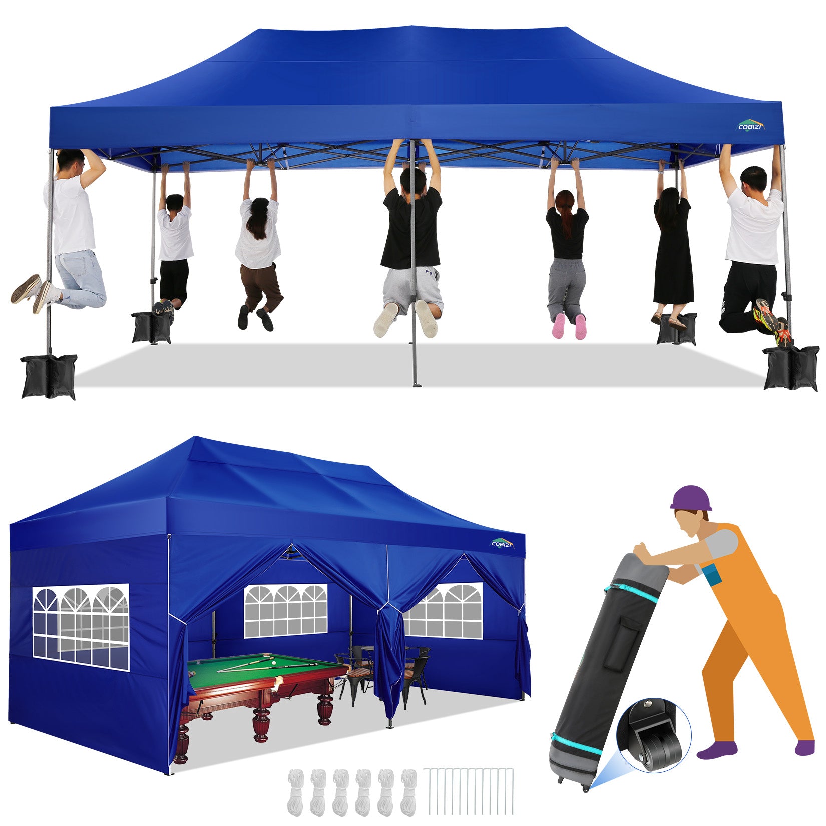 COBIZI 10'x20' Heavy Duty Pop up Canopy EZ Commercial Outdoor Tent Portable Party Wedding Instant Canopy Shelter All Season Anti-UV Waterproof Tent Gazebo with 6 Removable Sidewalls, Roller Bag