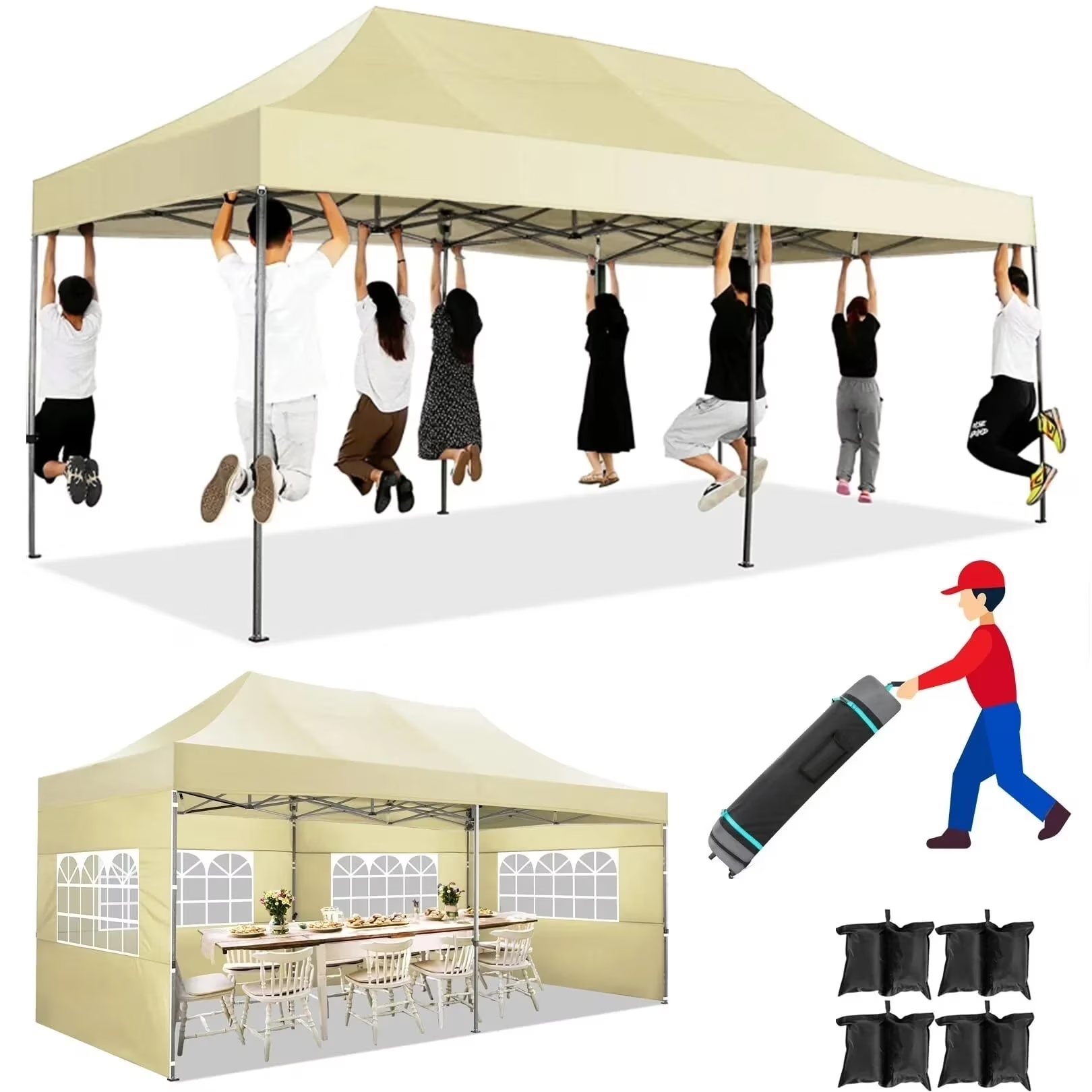 COBIZI 10'x20' Heavy Duty Pop up Canopy EZ Commercial Outdoor Tent Portable Party Wedding Instant Canopy Shelter All Season Anti-UV Waterproof Tent Gazebo with 6 Removable Sidewalls, Roller Bag