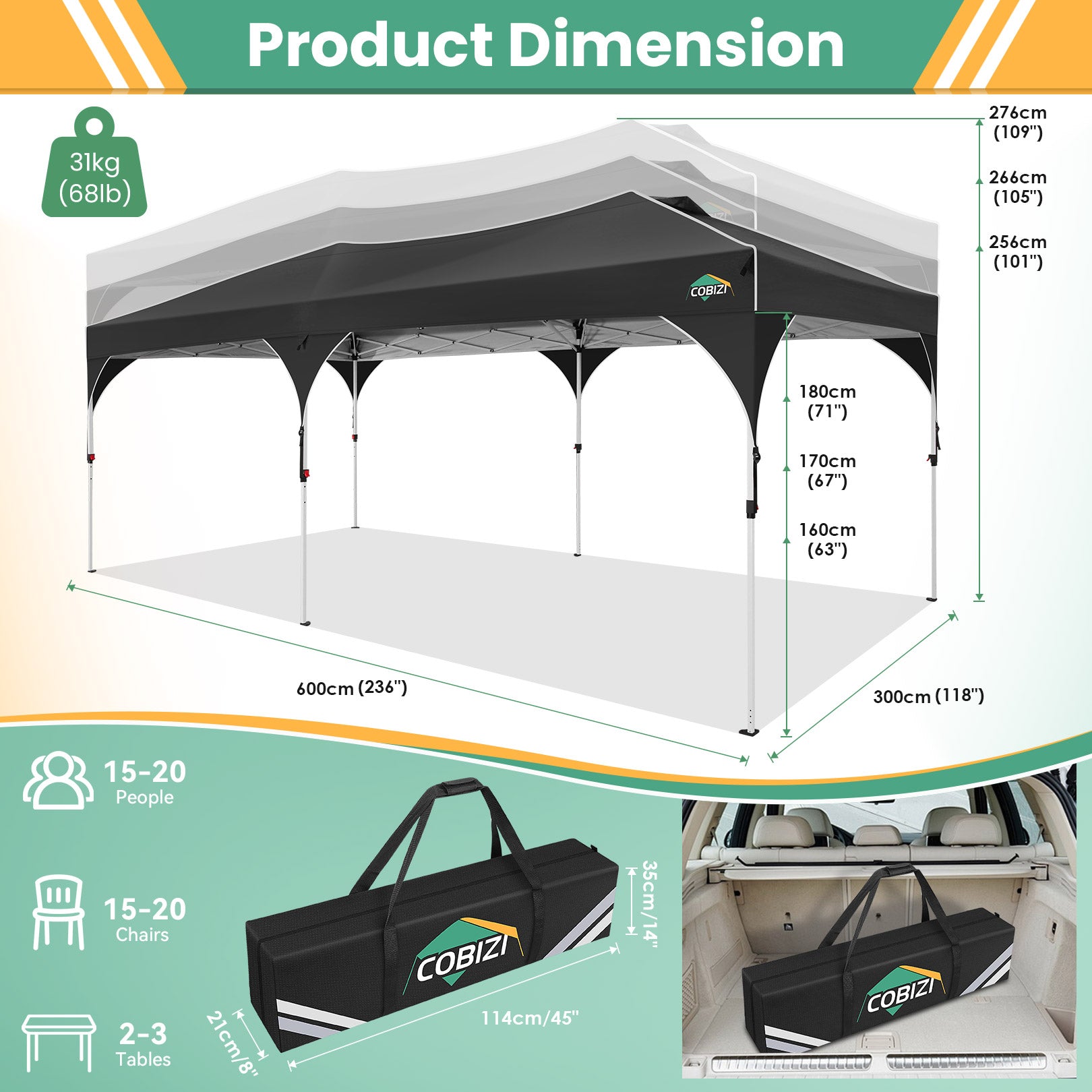 COBIZI 10'x10'/10'x20'/10'x30' Pop Up Canopy Tent with 4 Sidewalls, One-Push Center Lock, UPF 50+ Waterproof Easy Up Gazebo,Outdoor Sun Shelte SPC000142x