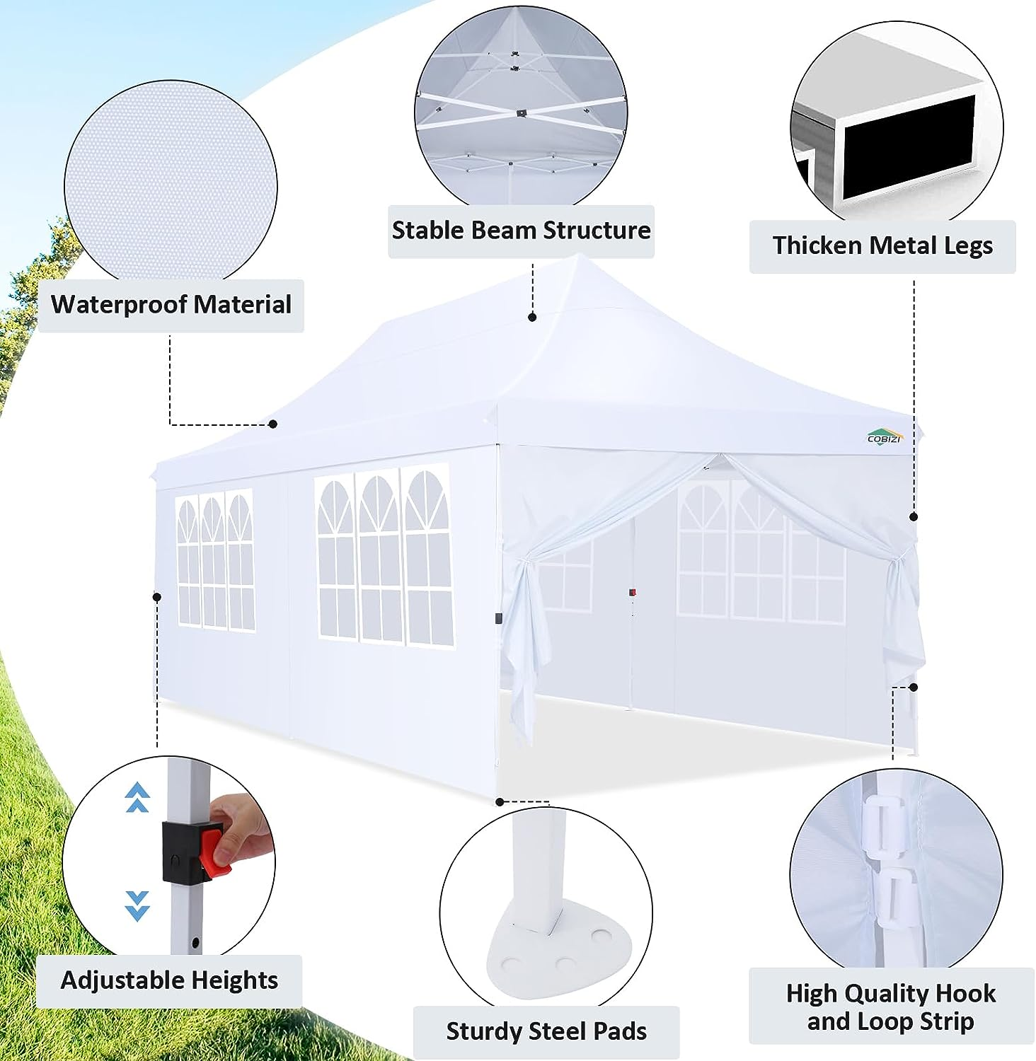 COBIZI 10x20ft Pop Up Canopy Tent with 6 Removable Sidewalls, Easy Up Commercial Canopy, Waterproof and UV50+ Gazebo with Portable Bag, Adjustable Leg Heights,Party Tents for Parties