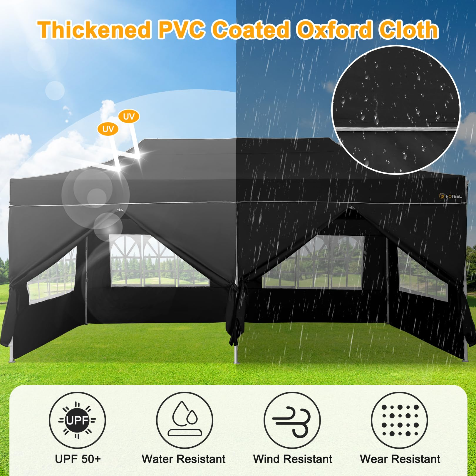 HOTEEL Tents for Parties, 10x20 Pop Up Canopy Tent Heavy Duty with 6 Sidewalls, Commercial Outdoor Canopy Tents for Event Wedding, All Season UV 50+& Waterproof with Roller Bag, Thickened Legs, Black