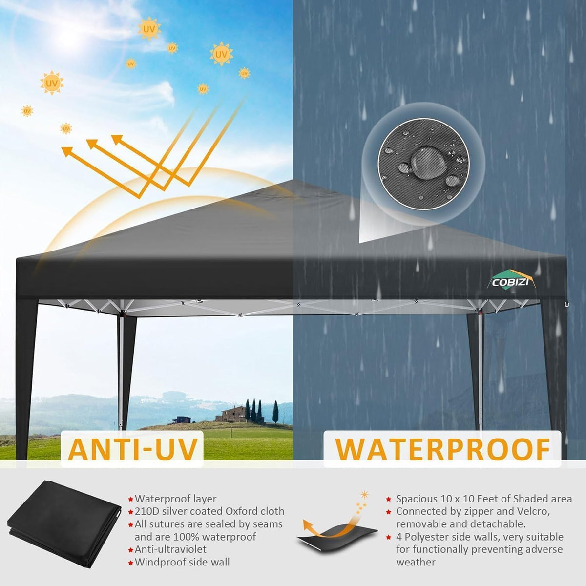 COBIZI 10'x10' Pop up & Protable Canopy Tent with 6 Sidewall & Carry Bag, Black SPC202