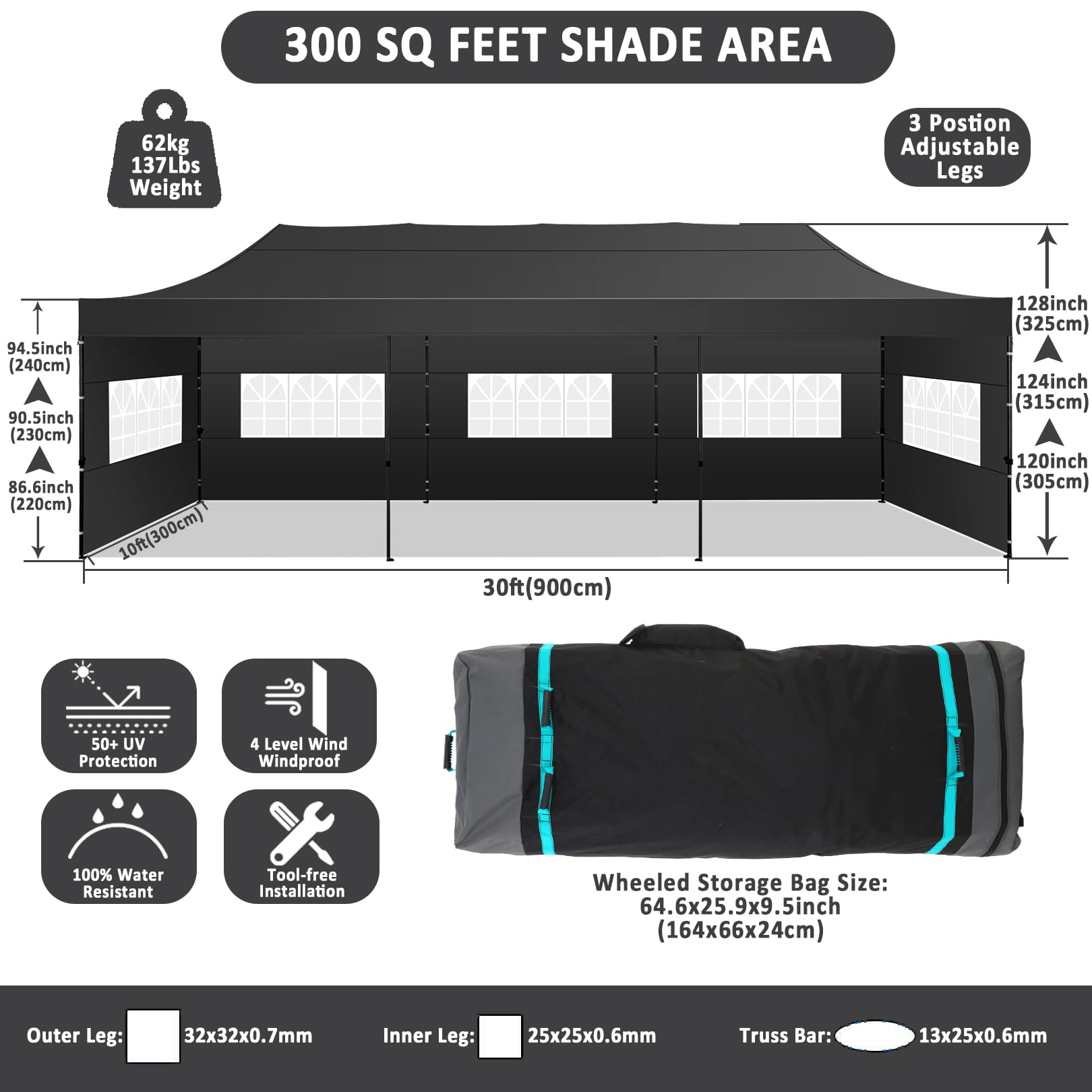HOTEEL 10x30 Heavy Duty Canopy with 8 sidewalls, Outdoor Tents for Parties,Wedding,Commercial ,Pop Up Tent with Roller Bag,Black