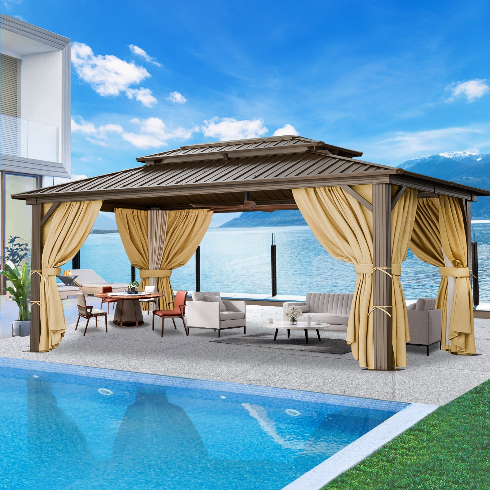 COBIZI 10'x15' Heavy Duty Hard Top Gazebo with Curtains & Netting, Brown SPC274