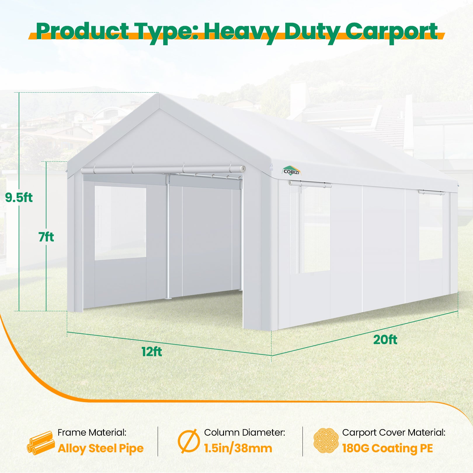 COBIZI Carport 10x20 ft Heavy Duty Car Canopy with Roll-up Windows Portable Garage with Removable Sidewalls & Door, Outdoor Canopy Carport Portable Car Tent Garage Car Canopy with Steel Frame, Gray
