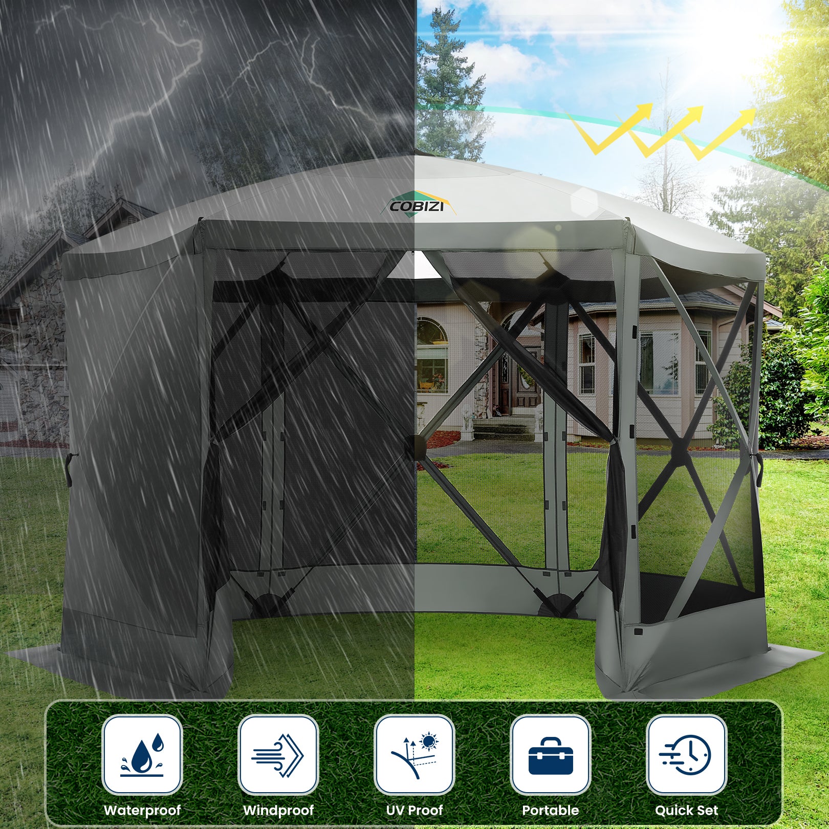 COBIZI 12'x12' Portable 6 Side Pop Up Canopy Screen House Tent, SPC44L