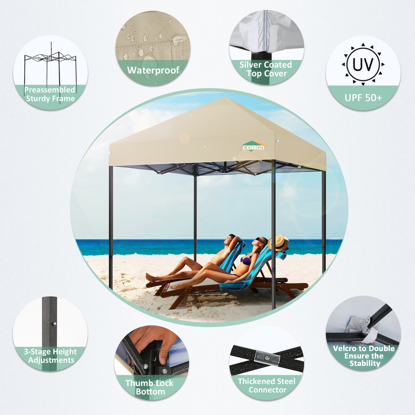 COBIZI 6.5x6.5 FT Pop up Canopy, Waterproof Commercial Canopy Tent,Outdoor Garden Gazebo, with Carry Bag