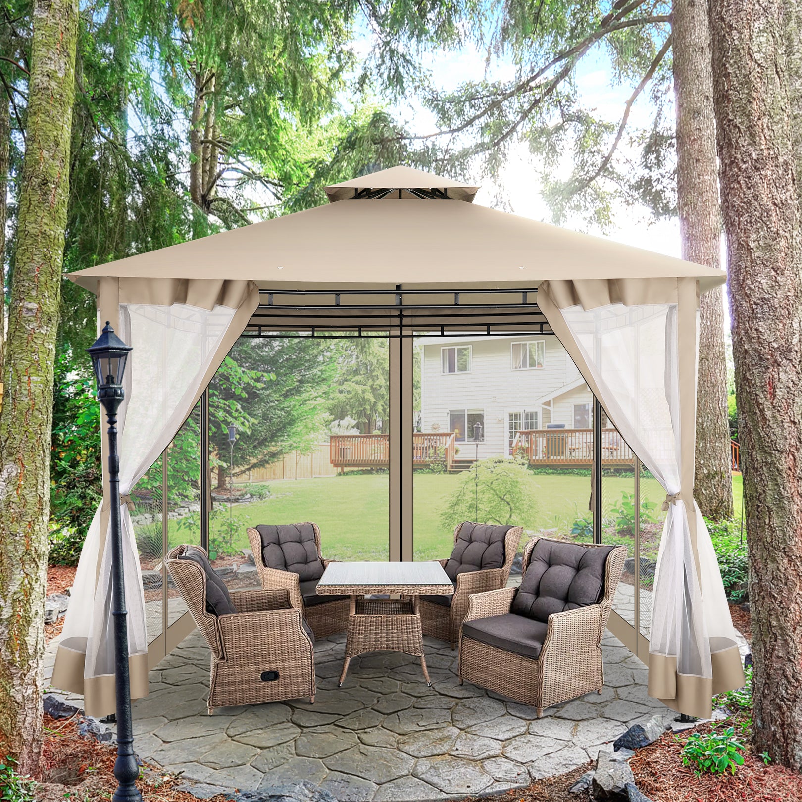 COBIZI 10'x10' Patios Gazebos with 4 Netting Sidewalls & Double Soft Roof, Khaki SPC41