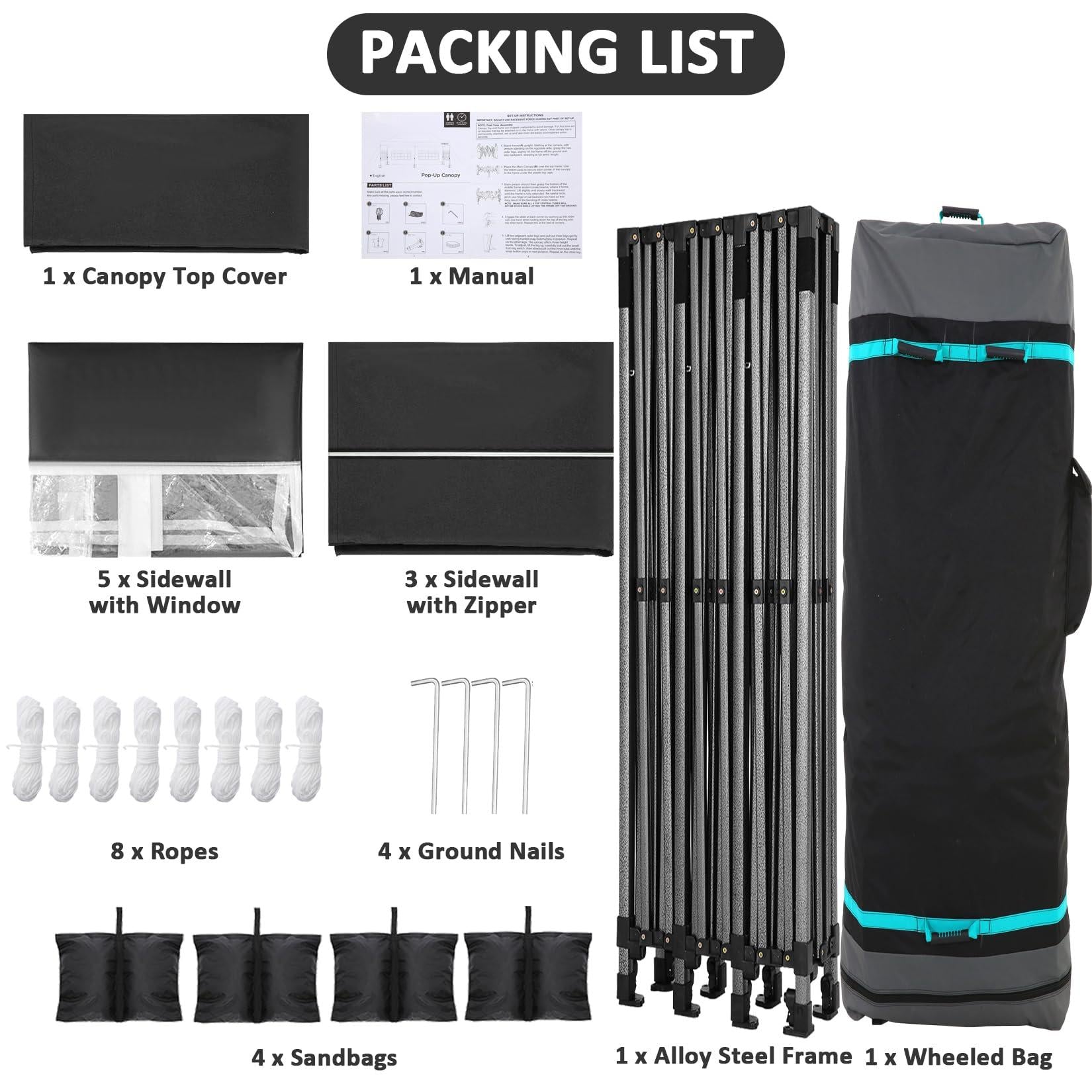 HOTEEL 10x30 Heavy Duty Canopy with 8 sidewalls, Outdoor Tents for Parties,Wedding,Commercial ,Pop Up Tent with Roller Bag,Black