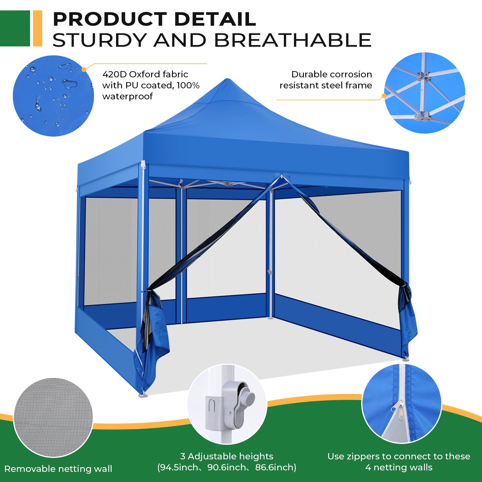 COBIZI 10'x10' Heavy Duty Canopy Tent, Pop up Gazebo with Netting Screened ,Waterproof Ez up Canopy with Sidewalls, Outdoor Instant Party Tent for Backyard,Blue