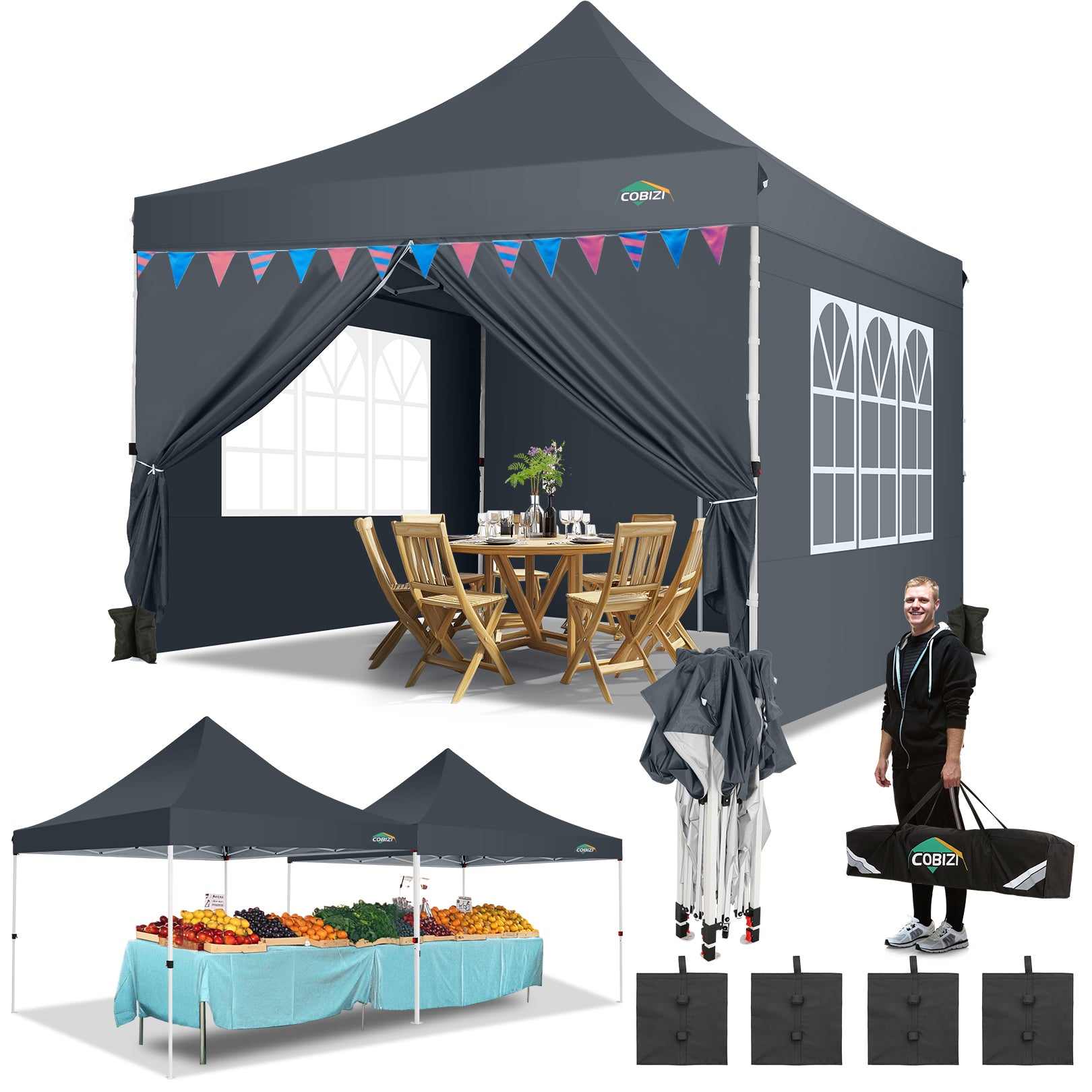 COBIZI Pop-Up-Überdachungs-Pavillon für den Außenbereich, 3,6 x 2,5 m, mit 4 Sandsäcken