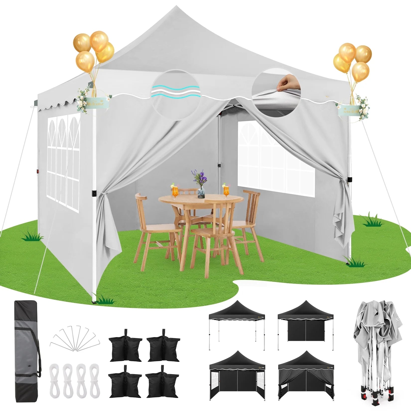HOTEEL 10x10 Pop Up Canopy , UPF 50+ Easy Setup Canopy Tent Waterproof Outdoor Instant Portable Shelter with 4 Removable Sidewalls, Sandbags, Stakes & Ropes for Party, Events, Vendor, Khaki
