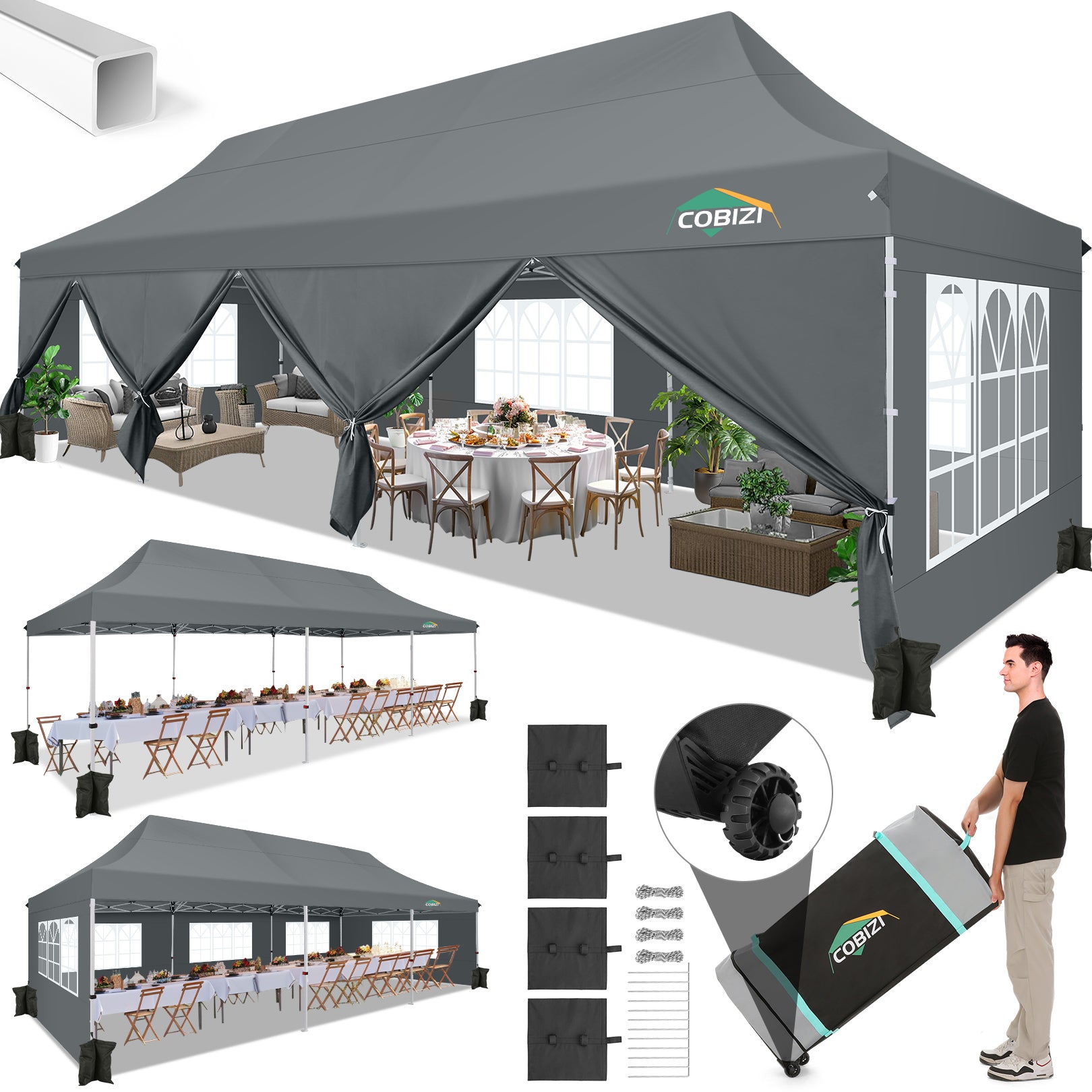 COBIZI 10'x30' Large Pop up Canopy, Easy Set Up With 8 Removable Sidewalls SPC122