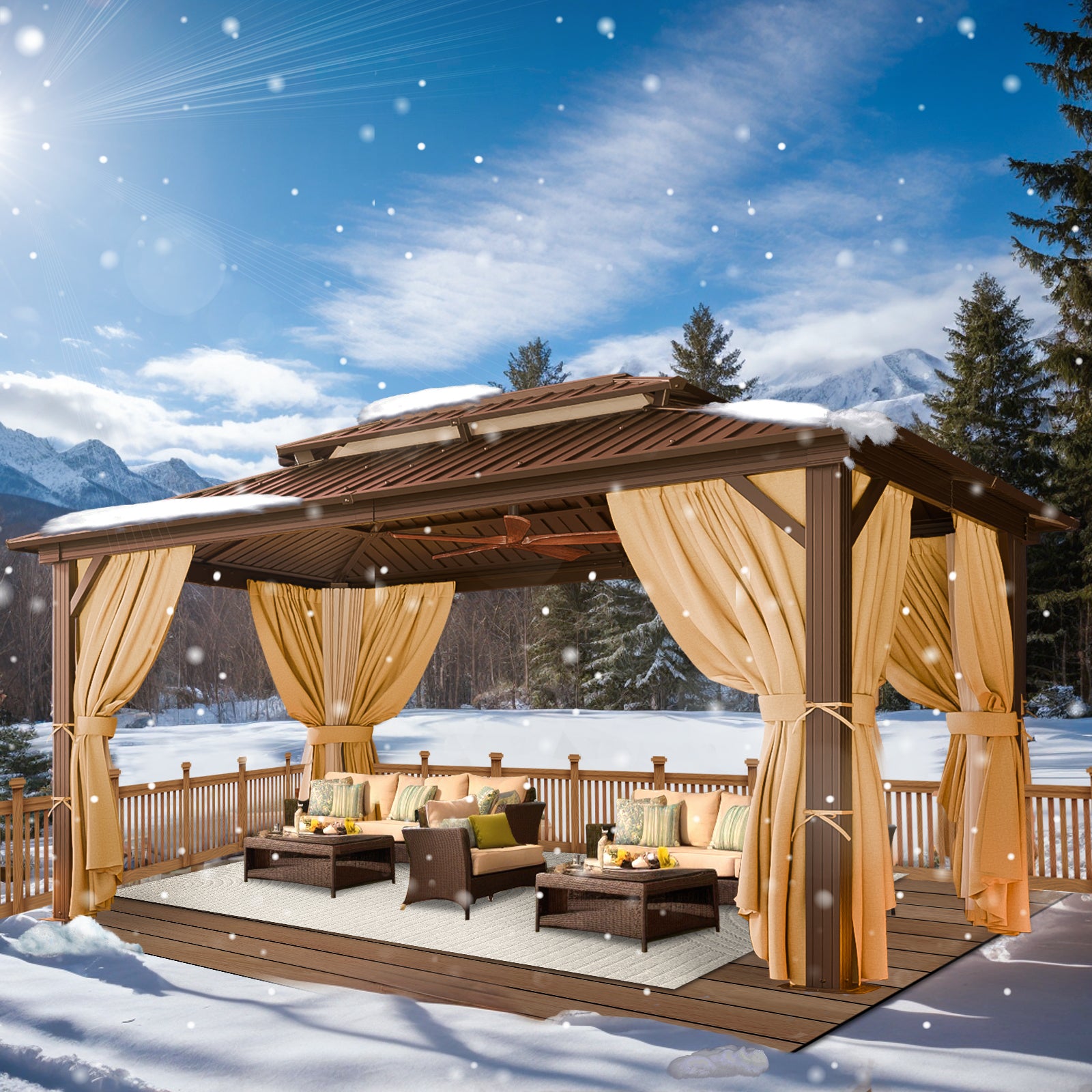 COBIZI 10'x15' Heavy Duty Hard Top Gazebo with Curtains & Netting, Brown SPC274