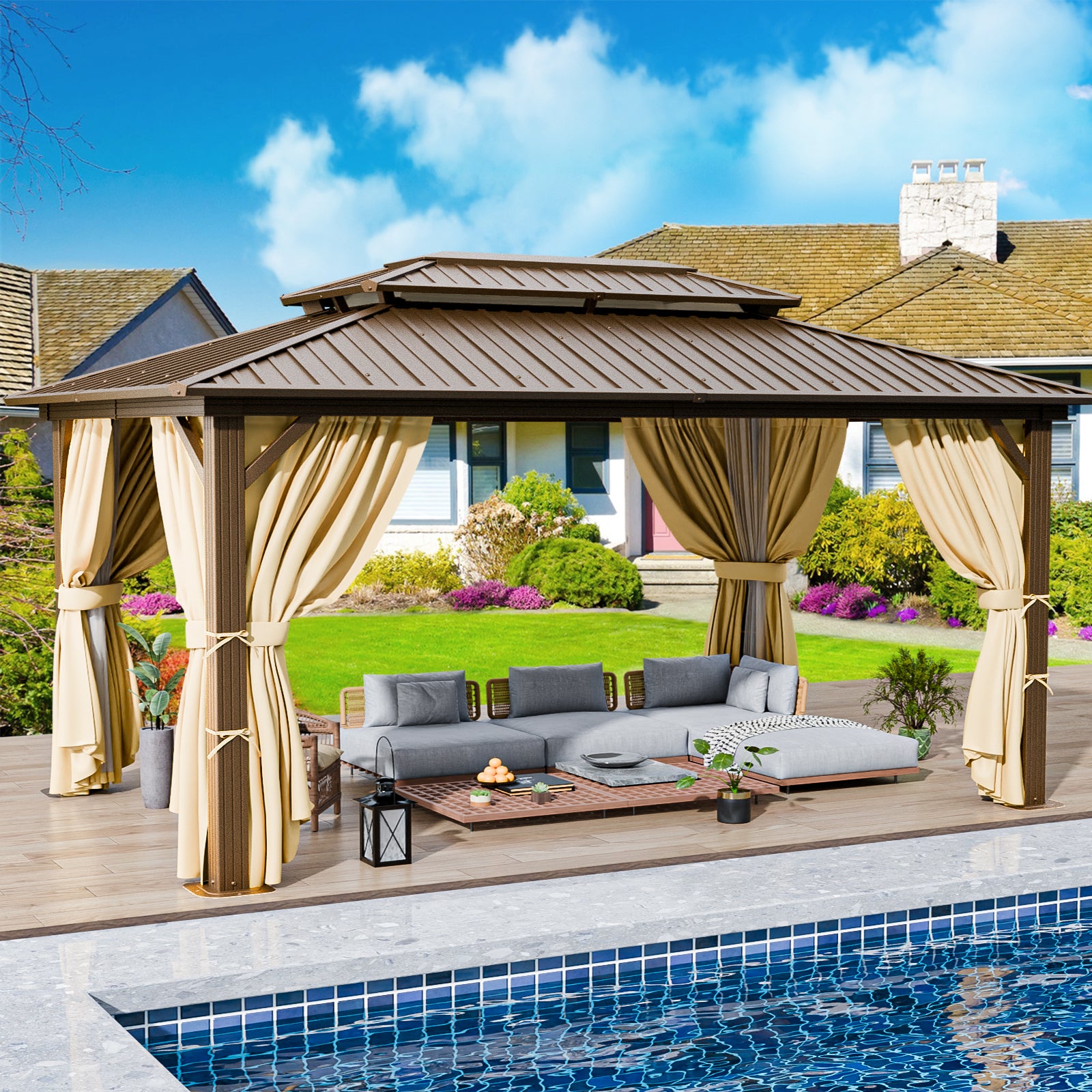 COBIZI 10'x12' Heavy Duty Hard Top Gazebo with Curtains & Netting, Black SPC277