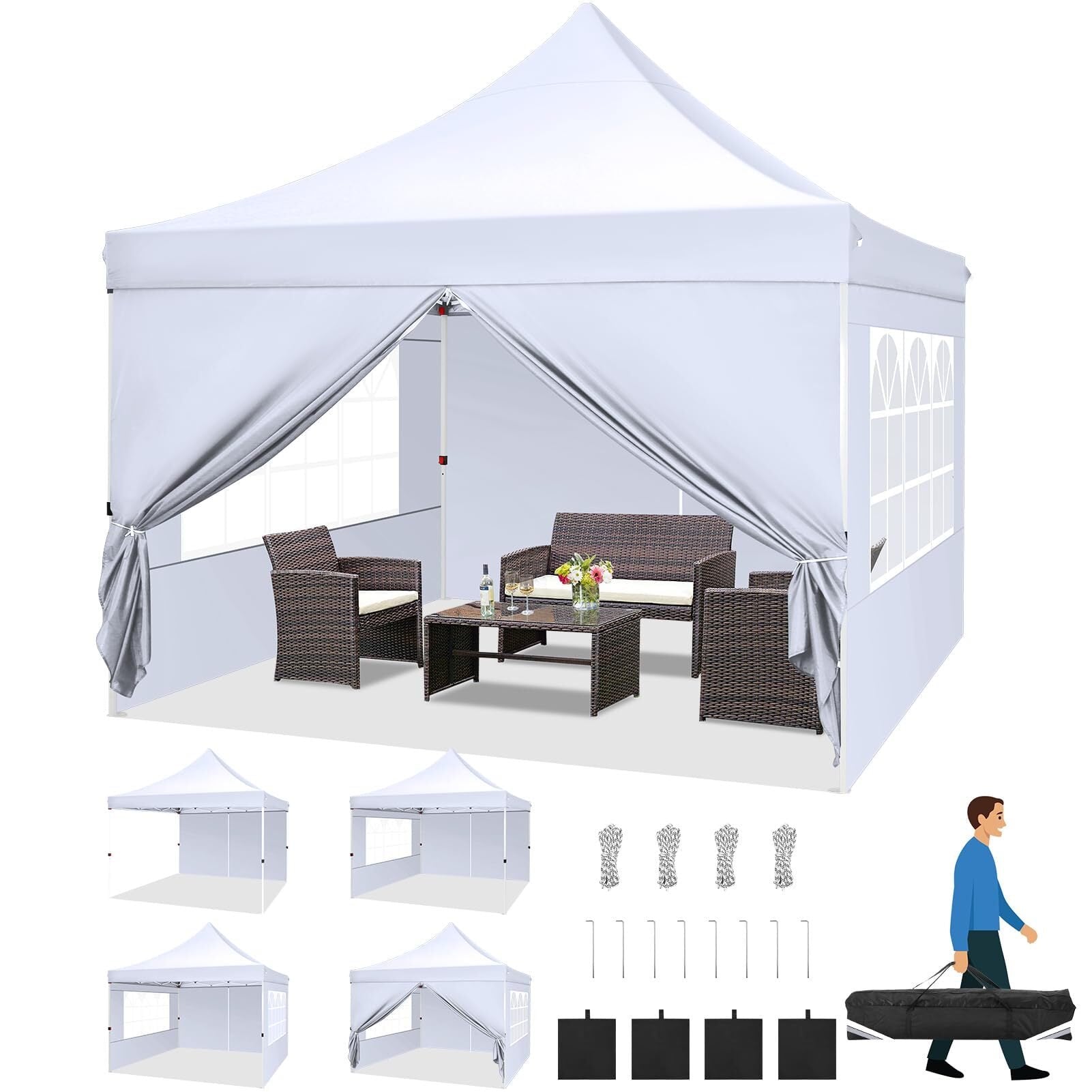 HOTEEL Pop up Canopy Tent 10x10 Commercial Instant Canopy with 4 Sidewalls & Carry Bag,Portable Tent for Parties Beach Camping Party Event Shelter Sun Shade,White