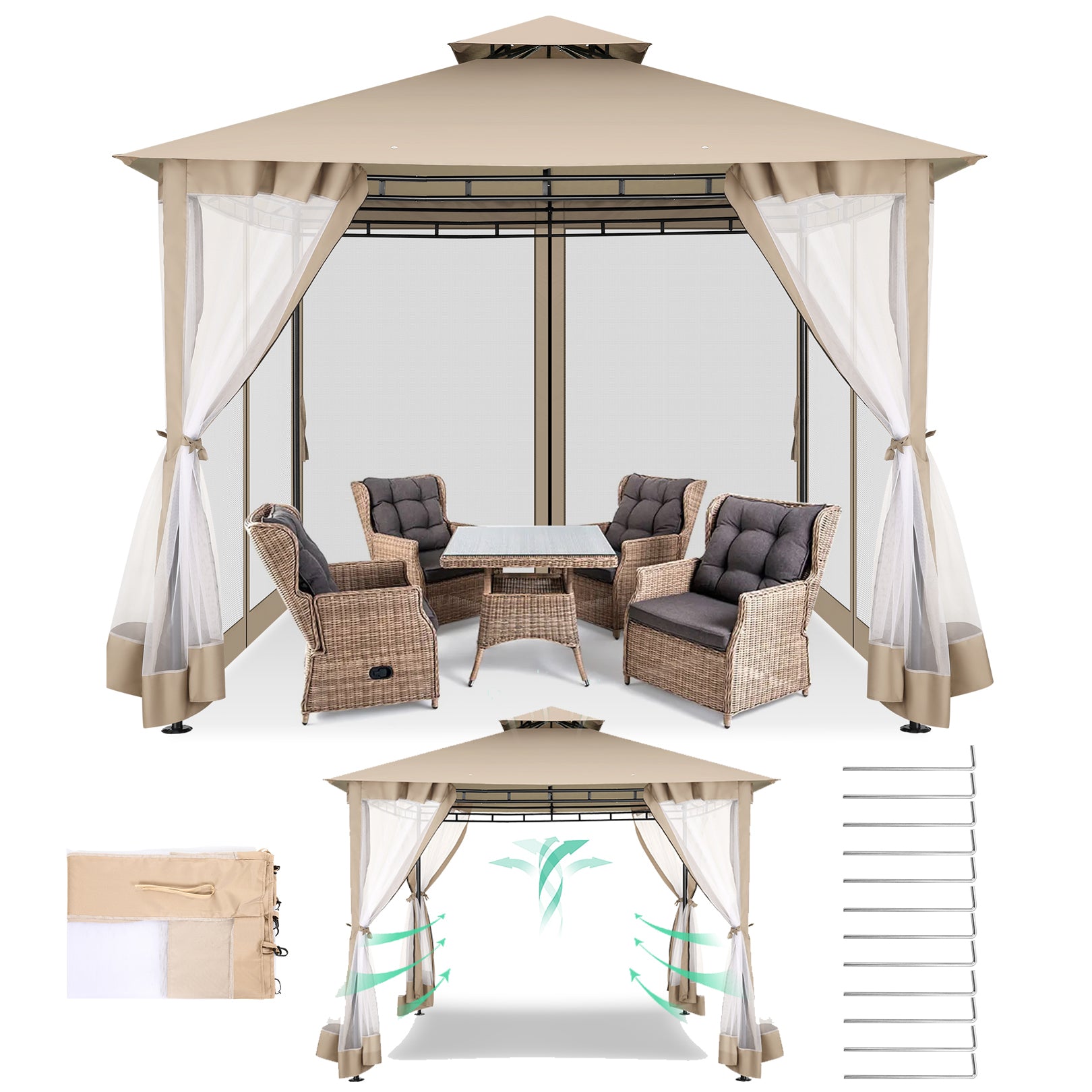 COBIZI 10'x10' Patios Gazebos with 4 Netting Sidewalls & Double Soft Roof, Khaki SPC41