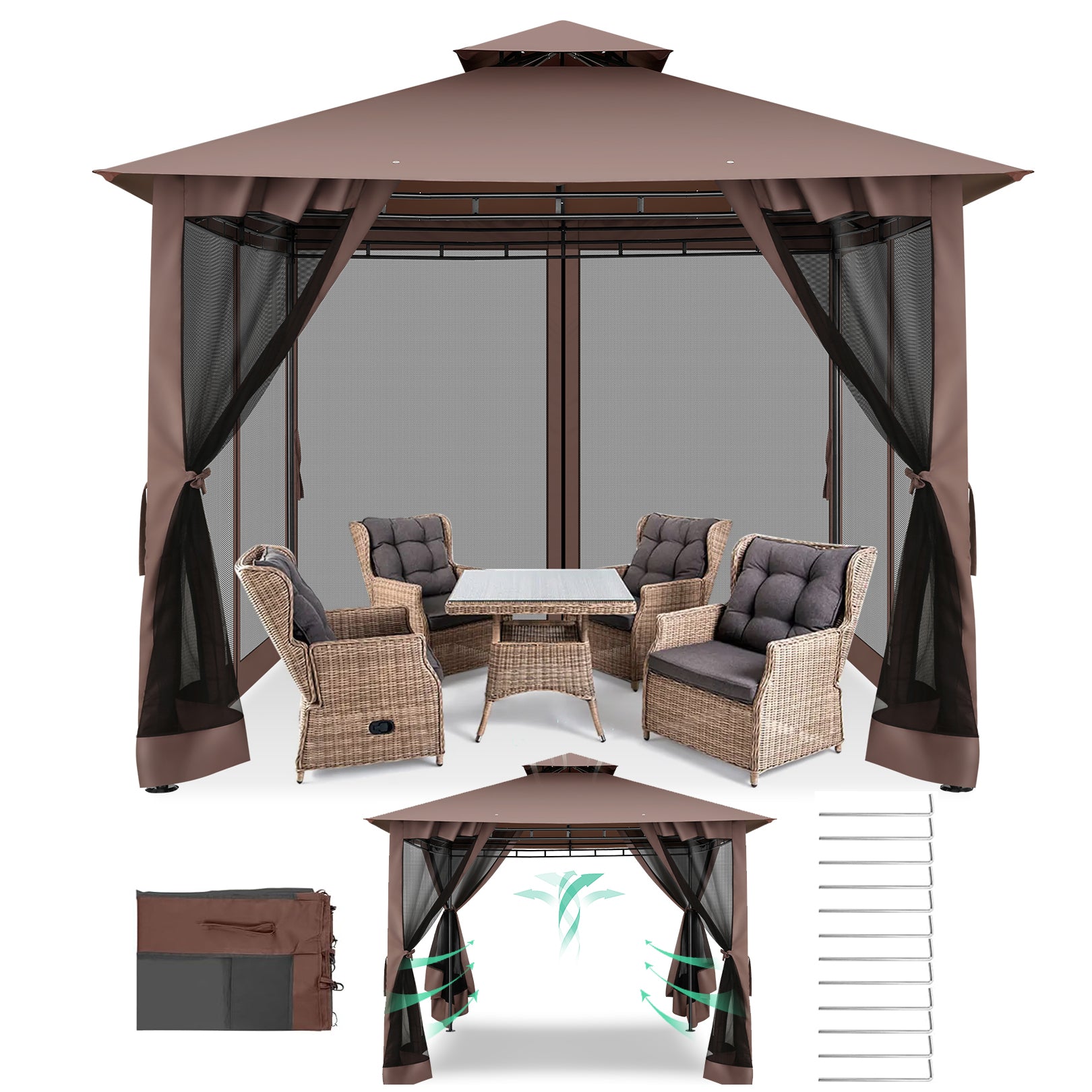 COBIZI 10'x10' Patios Gazebos with 4 Netting Sidewalls & Double Soft Roof, Khaki SPC41