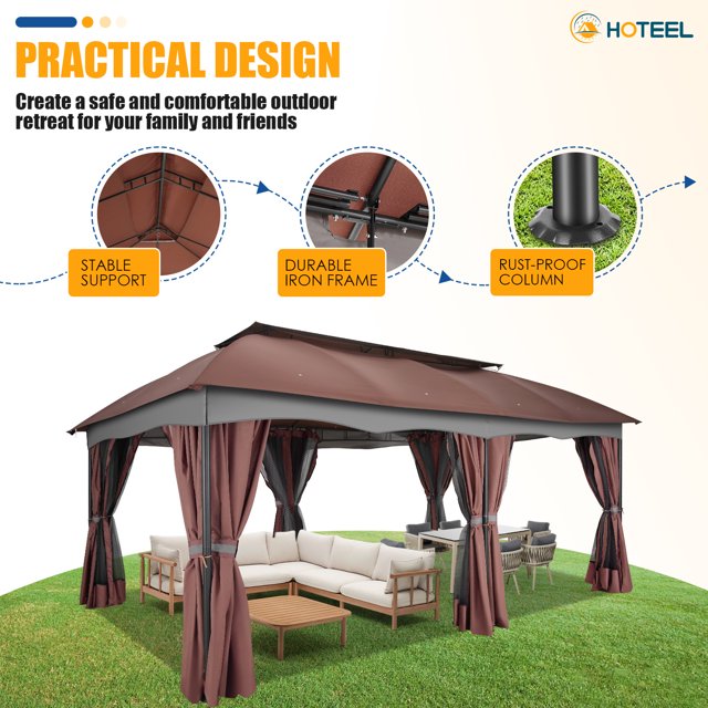 HOTEEL Gazebo 12x20 Heavy Duty Patio Gazebo with Mosquito Netting Deck Gazebo with Metal Steel Frame Large Screen Gazebo Tent Waterproof with Double Roof for Party, Backyard, Deck, Garden, Brown