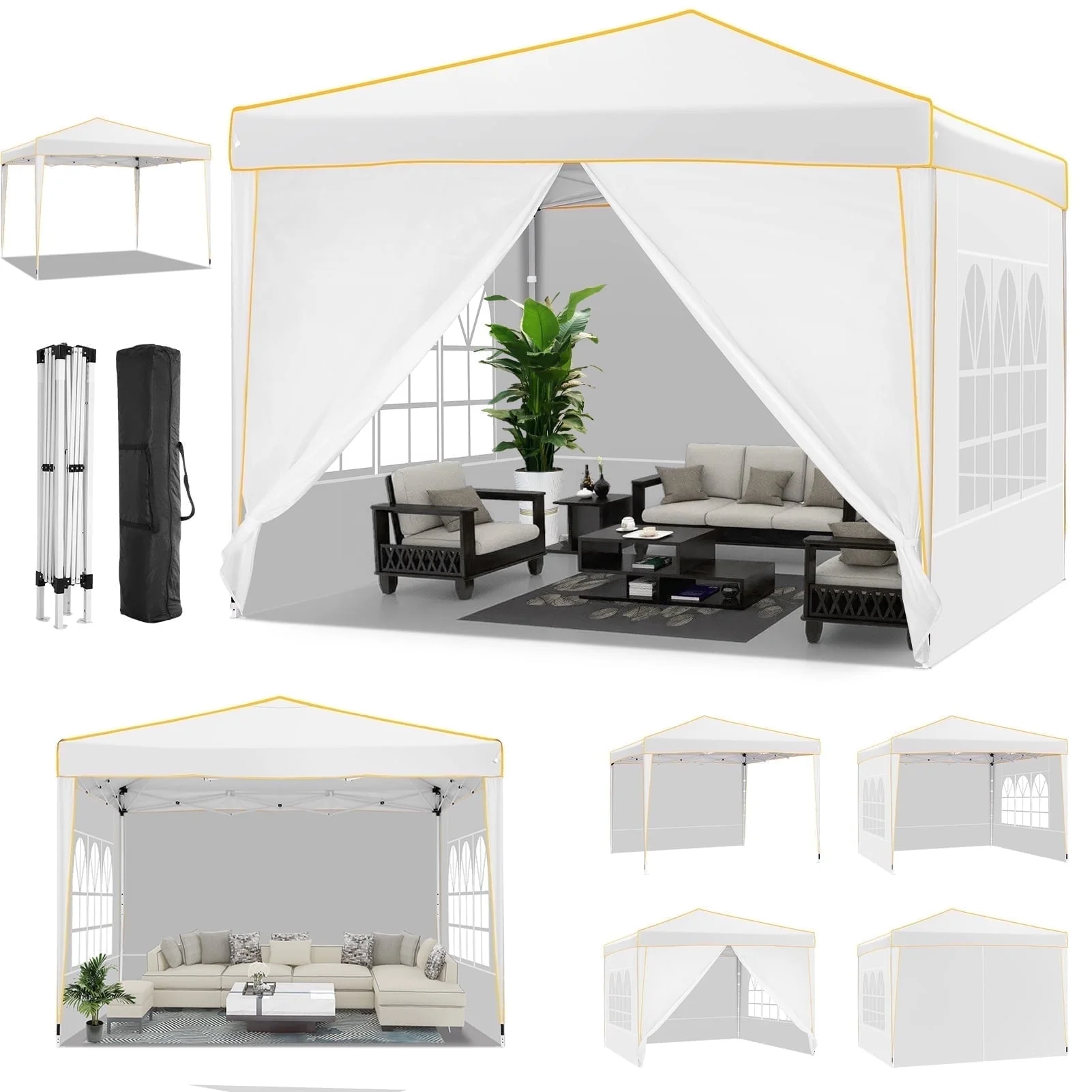 HOTEEL Pop up Canopy Tent 10x10 Commercial Instant Canopy with 4 Sidewalls & Carry Bag,Portable Tent for Parties Beach Camping Party Event Shelter Sun Shade,White