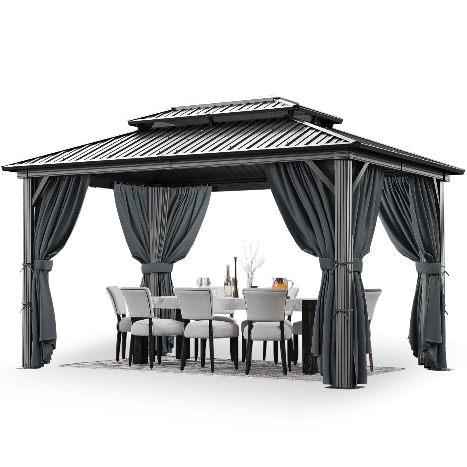 COBIZI 10'x12' Heavy Duty Hard Top Gazebo with Curtains & Netting, Black SPC277