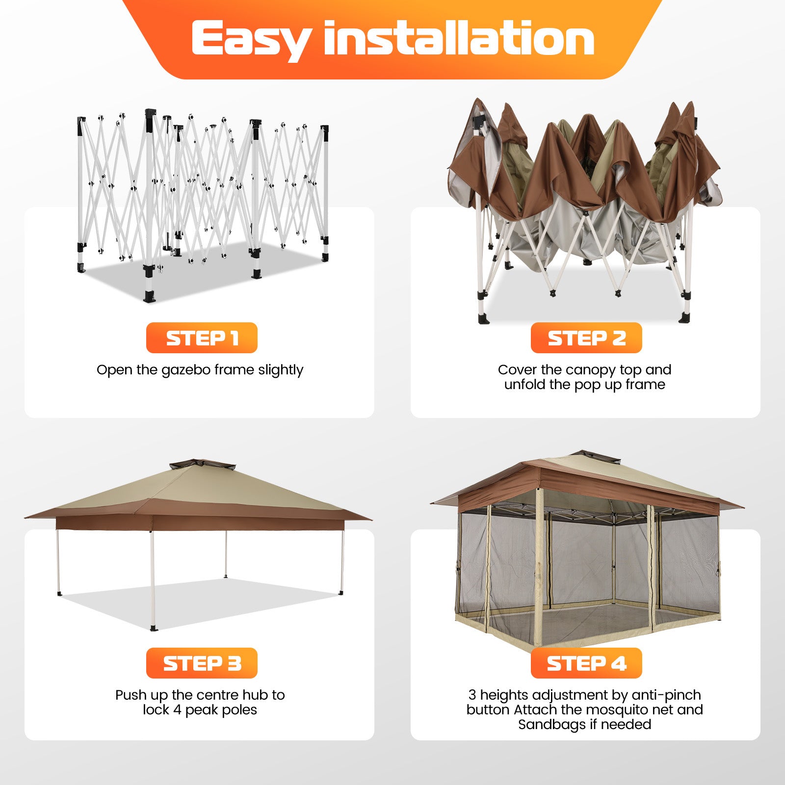 COBIZI Gazebo 13x13FT Pop Up Canopy, Canopy Tent with Mosquito Netting for Lawn, Garden, Backyard & Patio - Carpas para Patio- Water Resistant and UPF50+