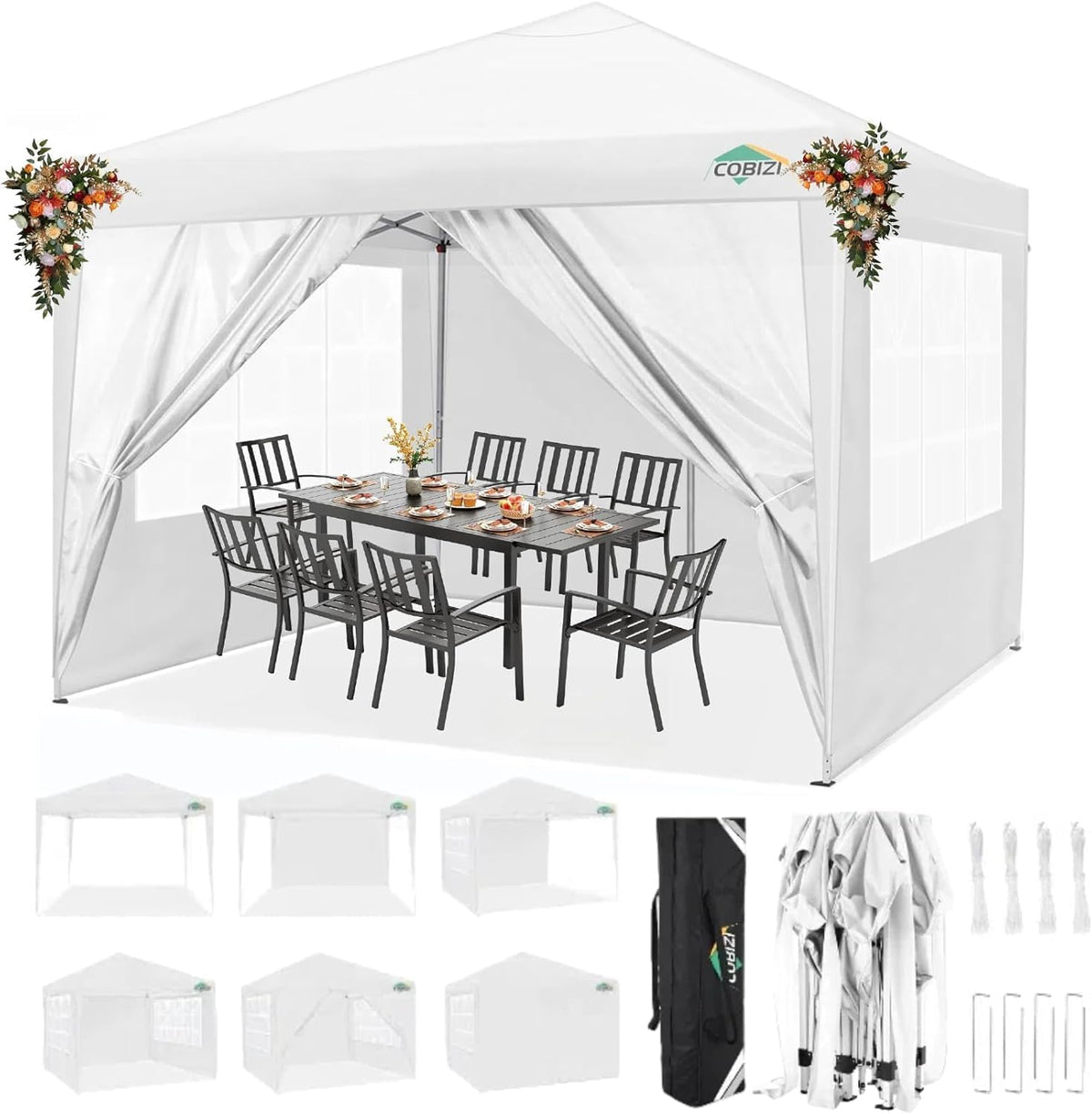 COBIZI 10'x10' Pop up & Protable Canopy Tent with 6 Sidewall & Carry Bag, Black SPC202