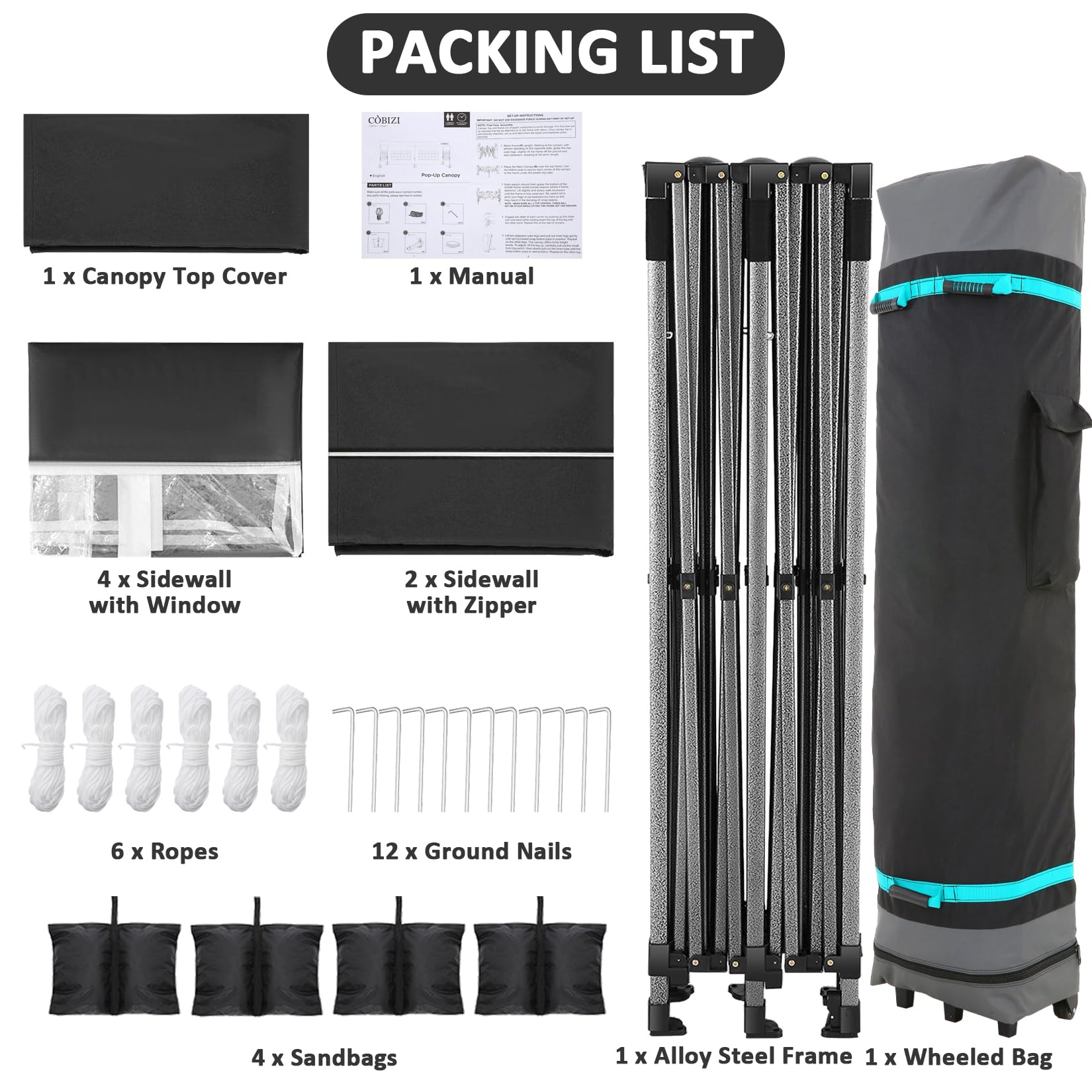 COBIZI 10x20 Pop up Canopy with 6 sidewalls Commercial Heavy Duty Canopy UPF 50+ All Weather Waterproof Outdoor Wedding Party Tents Gazebo with Roller Bag, Black
