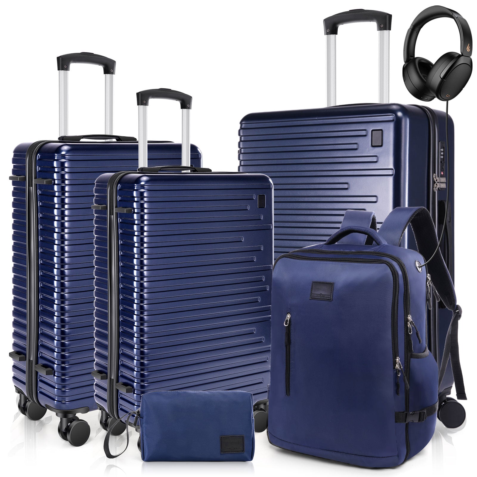 Hoteel 5 Piece Hardshell Luggage Set,Expandable PC+ABS Durable Suitcase,Hardside Lightweight Suitcase with TSA Lock Spinner Wheels,Navy Blue