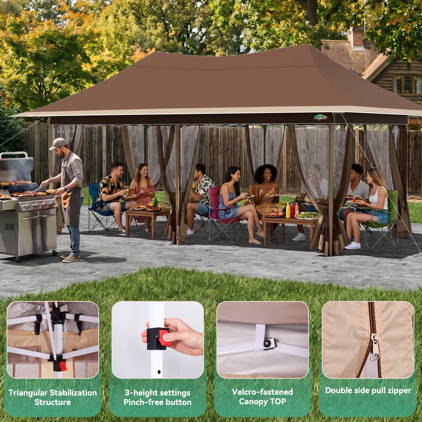 COBIZI 12'x20' Pop Up Gazebo Easy Setup with Mosquito Netting, Brown SPC000251