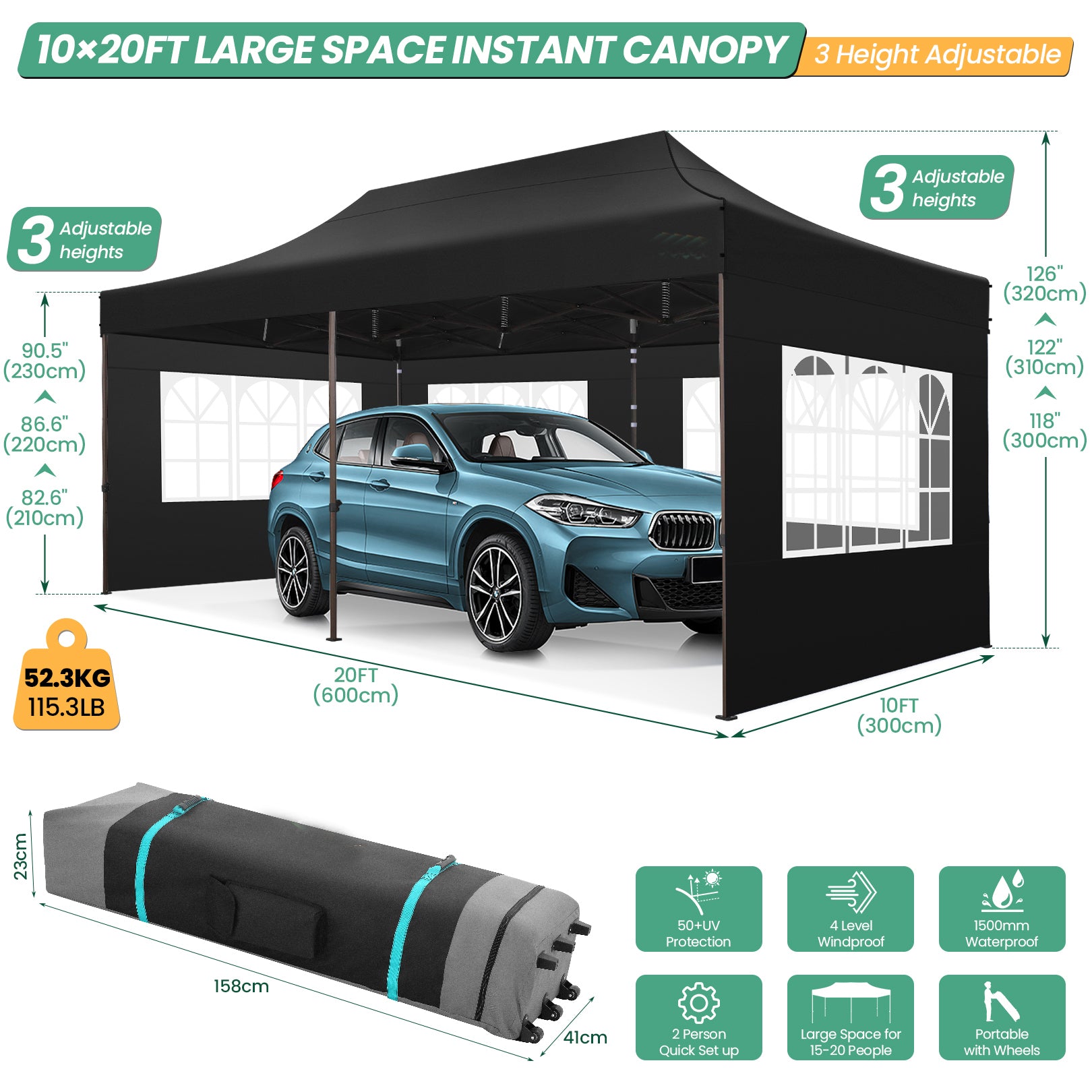 COBIZI 10x20 Pop up Heavy Duty Canopy with 6 Sidewalls,Waterproof Commercial Tent,Outdoor Gazebo for Wedding Party with Wheeled Bag