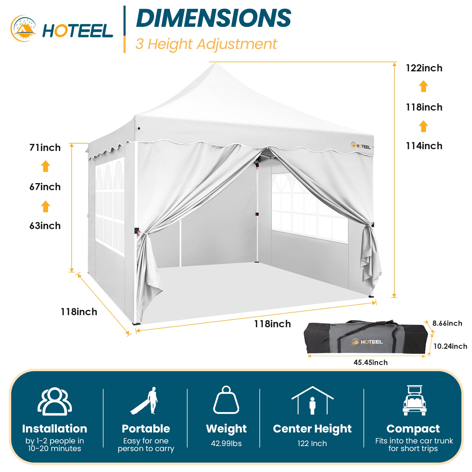 HOTEEL 10'x10' Pop Up Canopy , UPF 50+ Easy Setup Canopy Tent Waterproof Outdoor Instant Portable Shelter with 4 Removable Sidewalls, Sandbags, Stakes & Ropes for Party, Events, Vendor, White