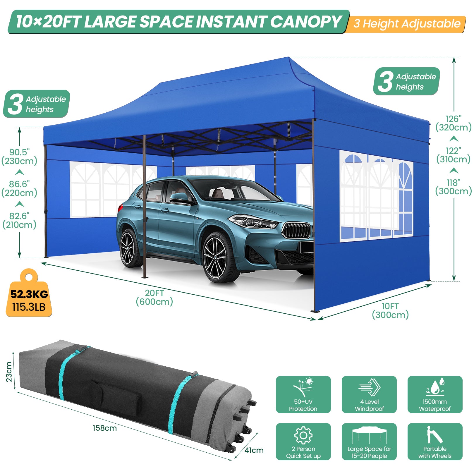 COBIZI 10x20 Pop up Heavy Duty Canopy with 6 Sidewalls,Waterproof Commercial Tent,Outdoor Gazebo for Wedding Party with Wheeled Bag