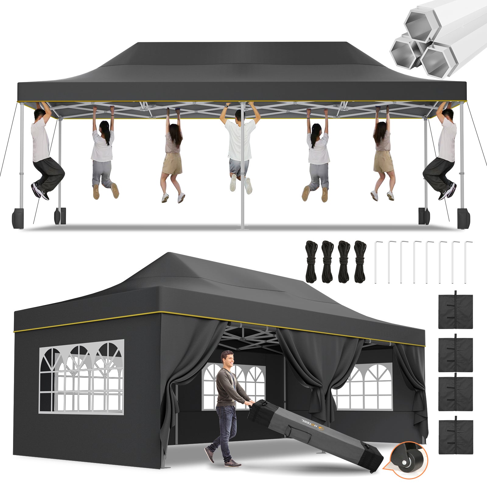 HOTEEL 13x26 Heavy Duty Pop Up Canopy,Instant Outdoor Gazebo with 6 Sidewalls, Commercial Grade Party Tent for Wedding Events, Hexagonal Frame,Black