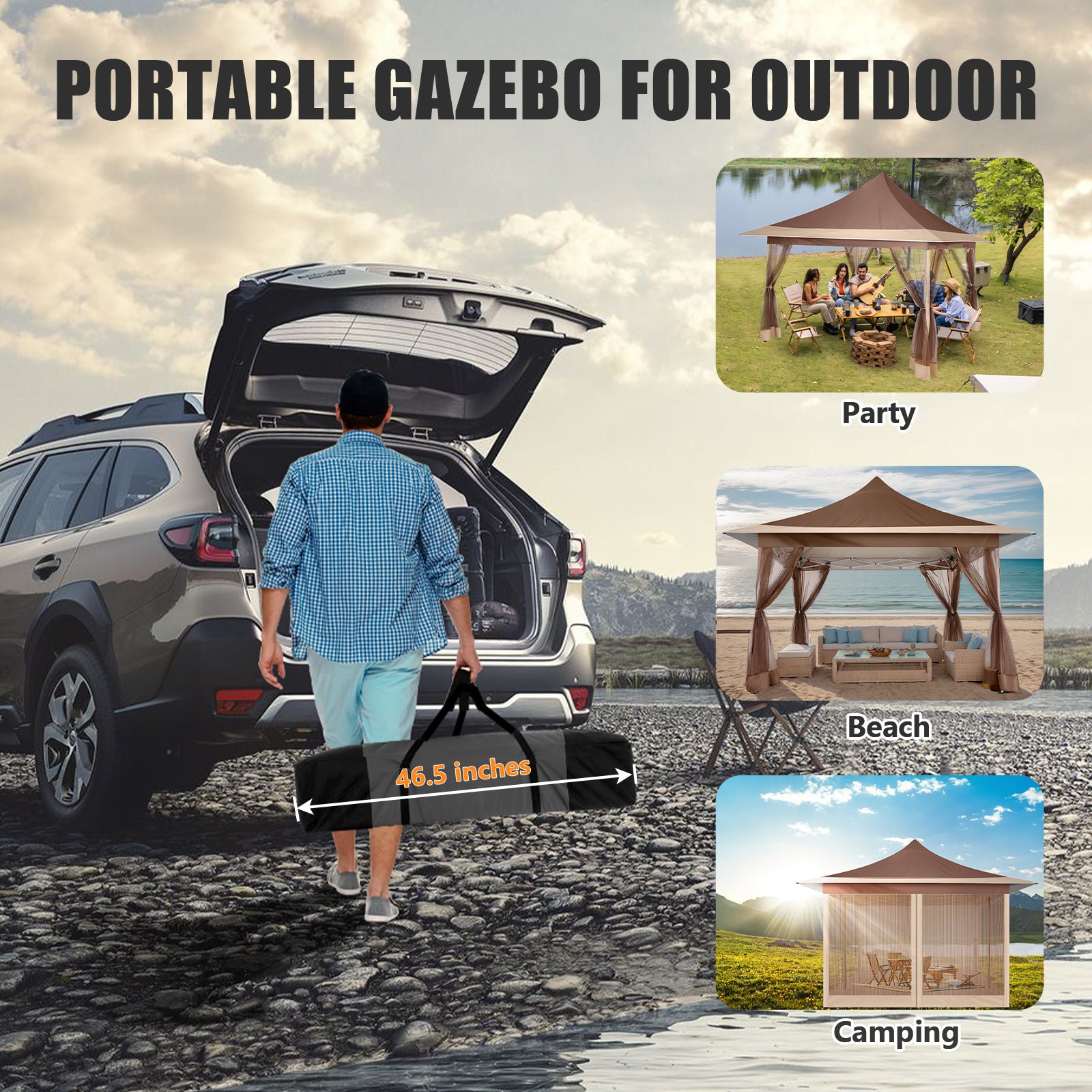 HOTEEL 12x12 Outdoor Waterproof Gazebo, Pop Up Canopy Tent with Adjustable Height, UV Protection & Mosquito Net, Ideal for Parties, Camping, Weddings, and Backyard Events,Brown