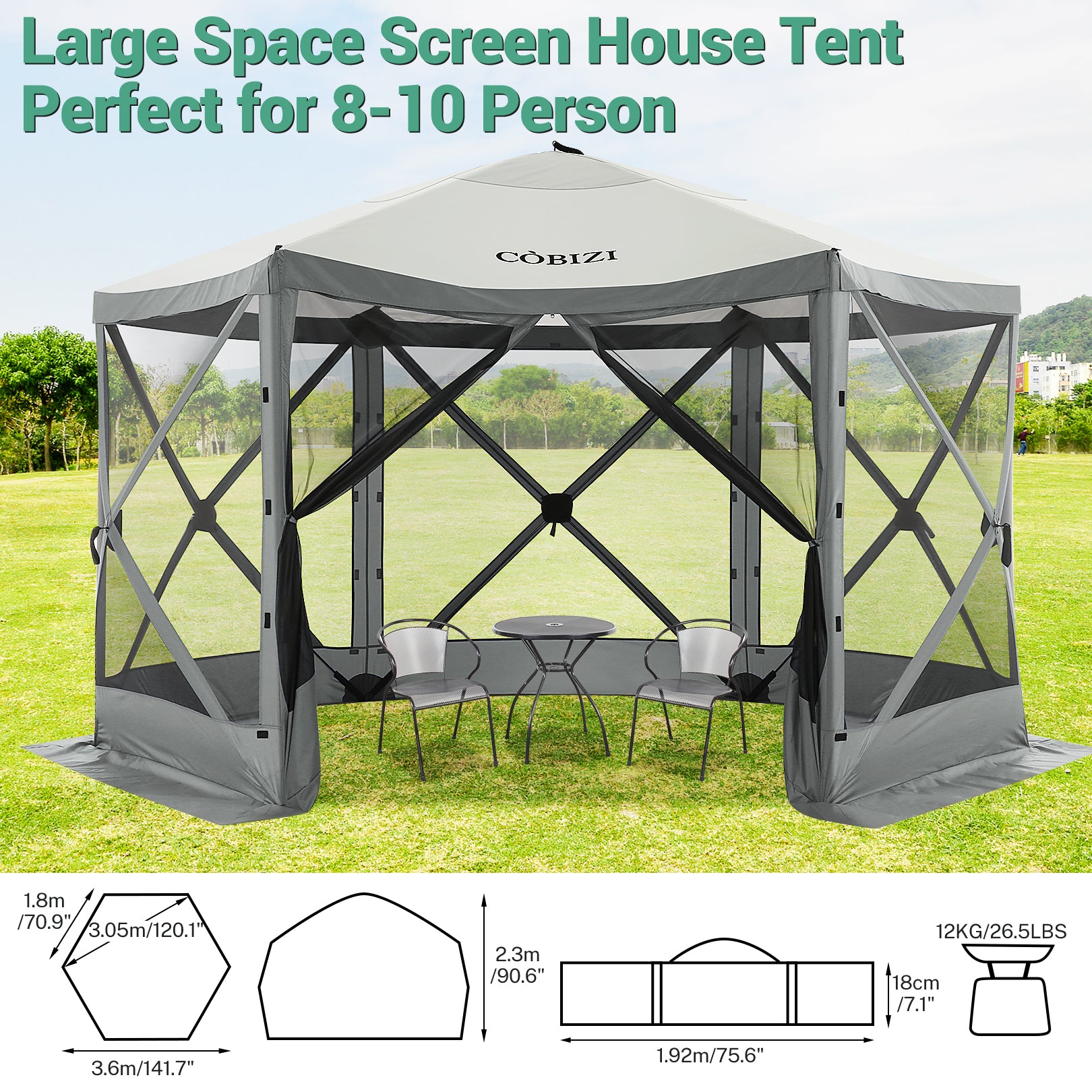 Hoteel 12x12ft Pop-up Gazebo EZ Set-up Camping Canopy Tent with 6 Sides Mosquito Netting, Waterproof, UV Resistant, Portable Screen House Room, Outdoor Party Tent with Carry bag, Ground Spike, Khaki