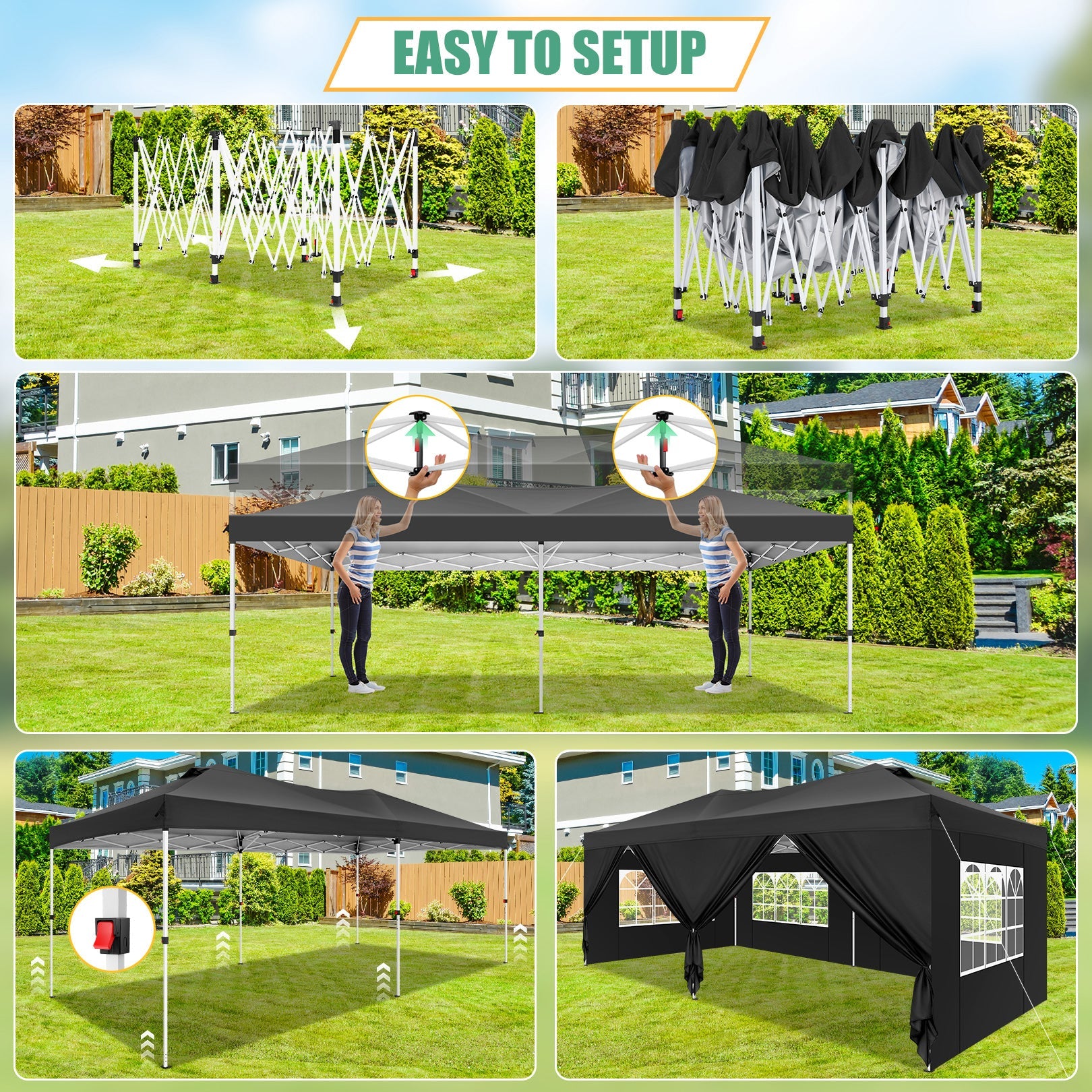COBIZI 10'x20' pop-up patio umbrella with side walls, waterproof canopy tent with reinforced poles, easy to set up, includes sandbags SPC000241