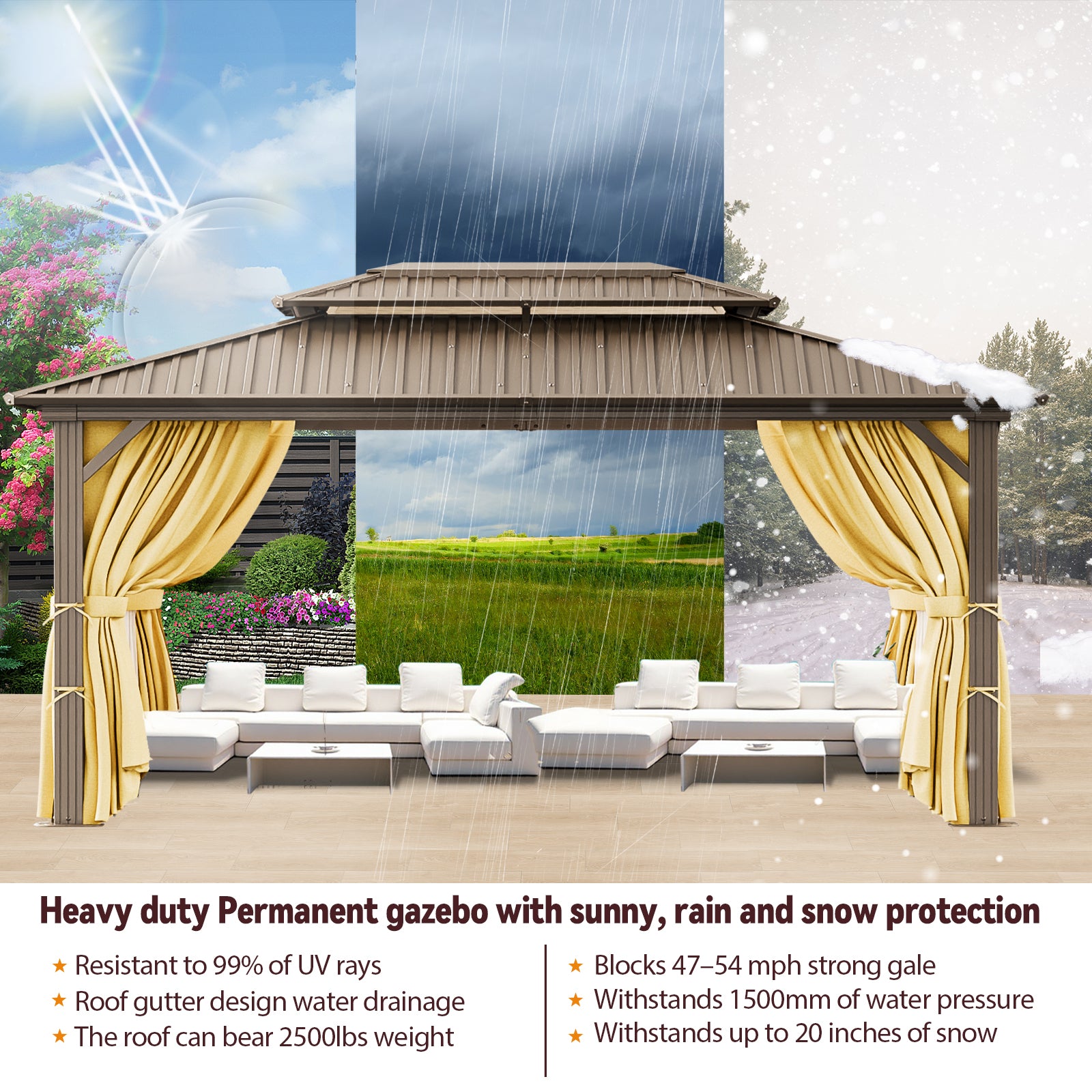 COBIZI 10'x15' Heavy Duty Hard Top Gazebo with Curtains & Netting, Brown SPC274