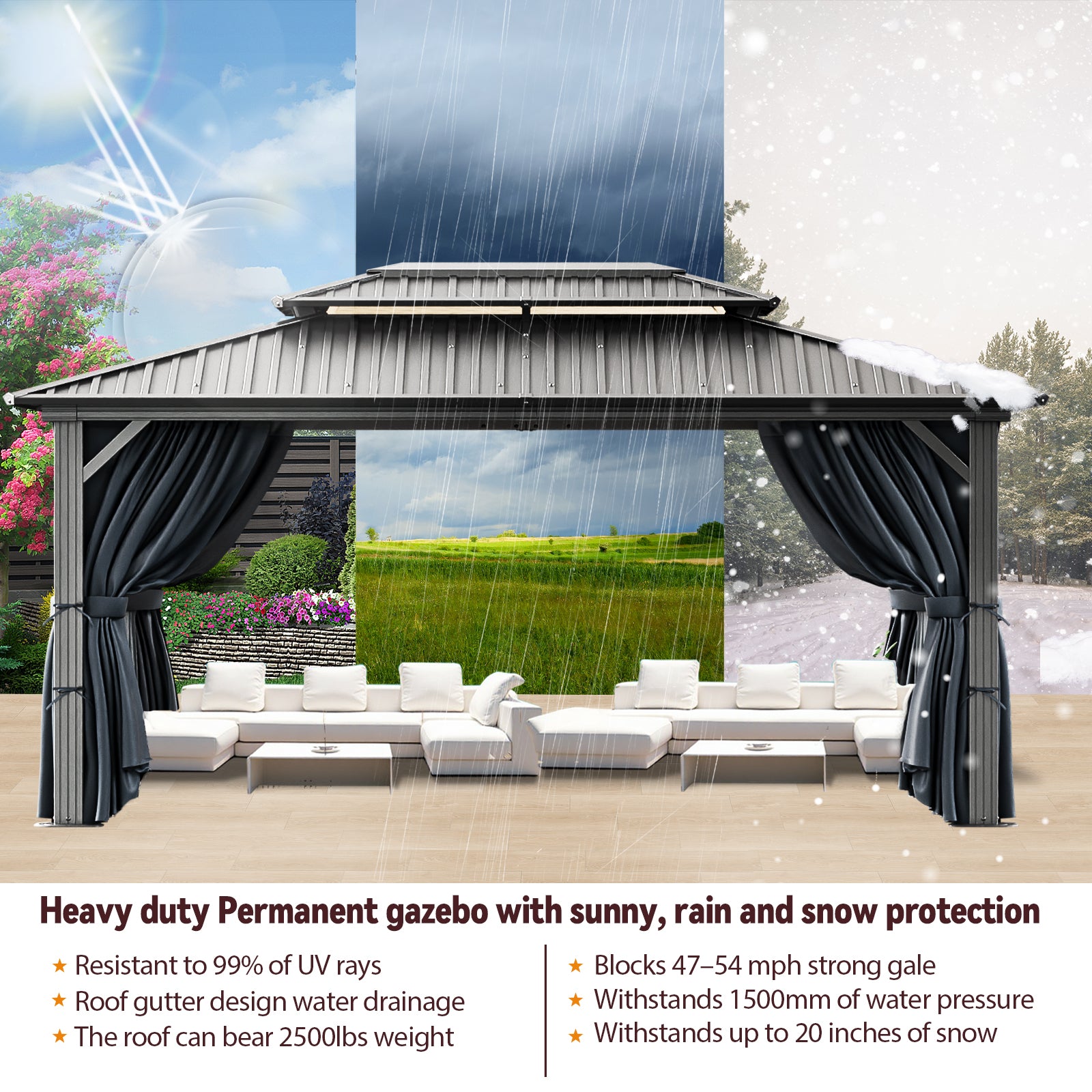 COBIZI 10'x15' Heavy Duty Hard Top Gazebo with Curtains & Netting, Black SPC274
