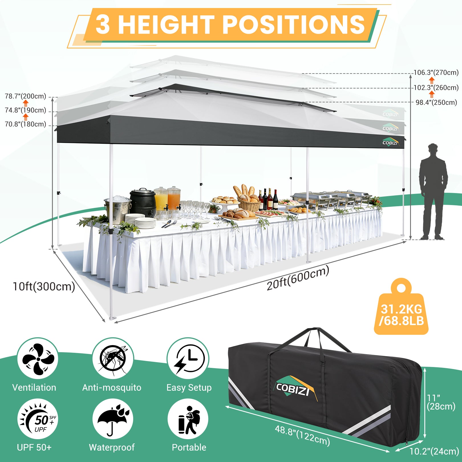 HOTEEL 10x20 Gazebo Canopy Tent with 6 Netting Sidewalls,Pop up Canopy for Parties Wedding,Commercial Easy up Gazebo with Sandbags,UV 50+