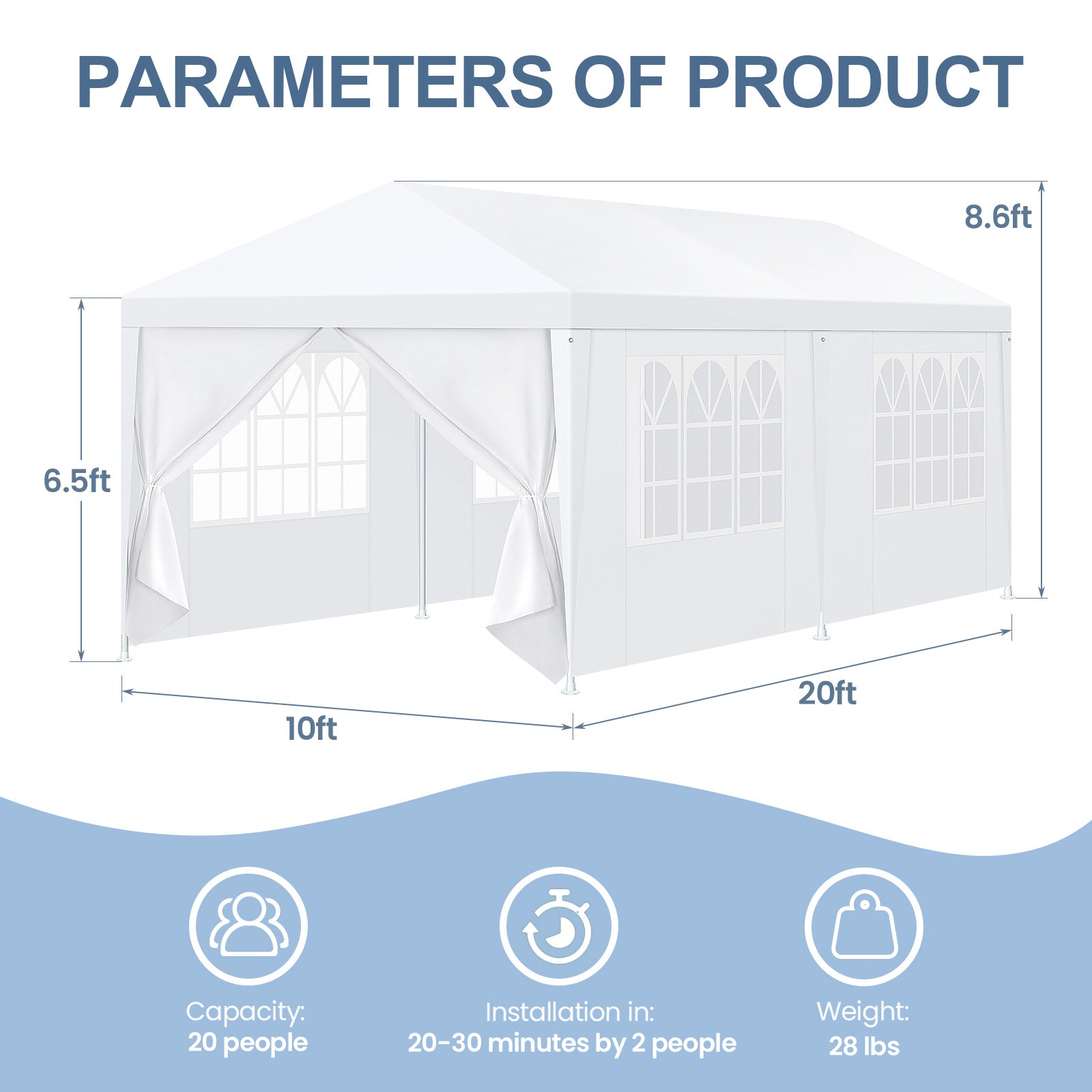 COBIZI 10'x30' Party Canopy Tent with 8 Removable Sidewalls, White SPC108L