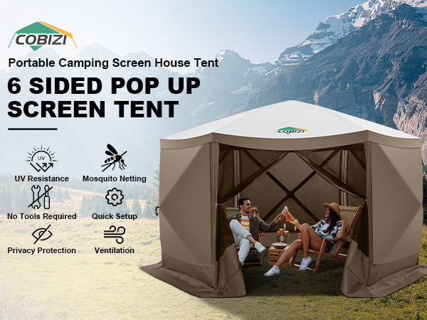 COBIZI 12'x12' Portable 6 Side Pop Up Canopy Screen House Tent, SPC000044L