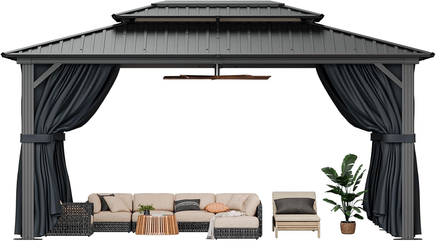 10' x 12' Heavy-Duty Hardtop Gazebo, Galvanized Steel Double-Layer Roof, Hot Tub Gazebo, with Fire-Resistant Curtains and Mesh, Aluminum Frame Outdoor Canopy, Suitable for Patios and Parties