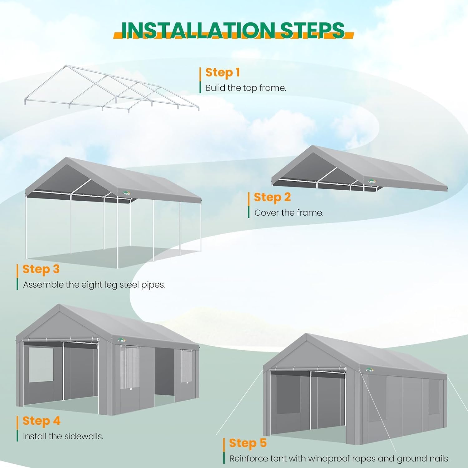 COBIZI 20'x20' Large 2 Cars Heavy Duty Carport Canopy, Gray