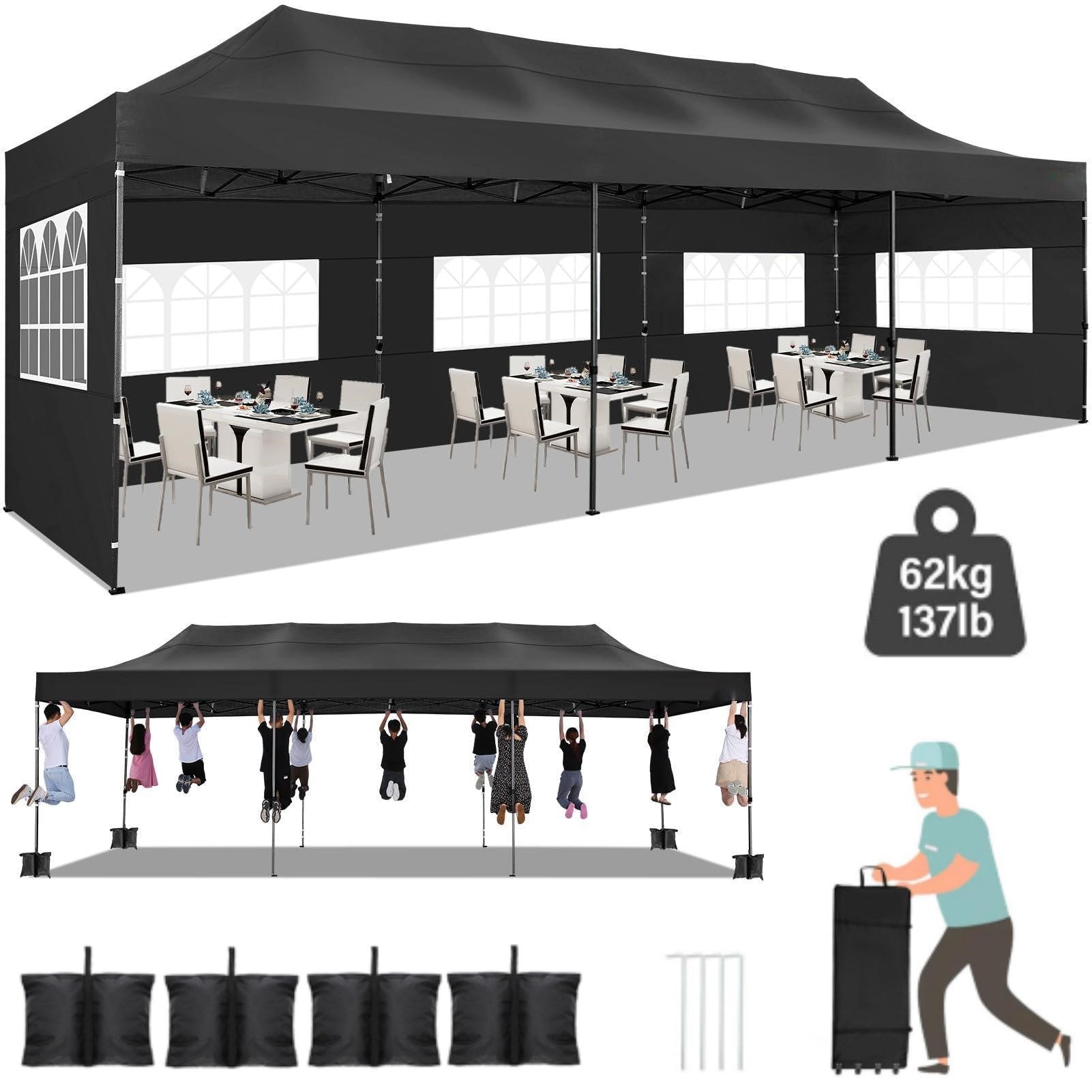 HOTEEL 10'x30' Canopy Heavy Duty Pop Up Canopy Tent Outdoor Gazebo Shelter Waterproof Instant Commercial Tent with 8 Removable Sidewalls & 8 Sandbags & Roller Bag