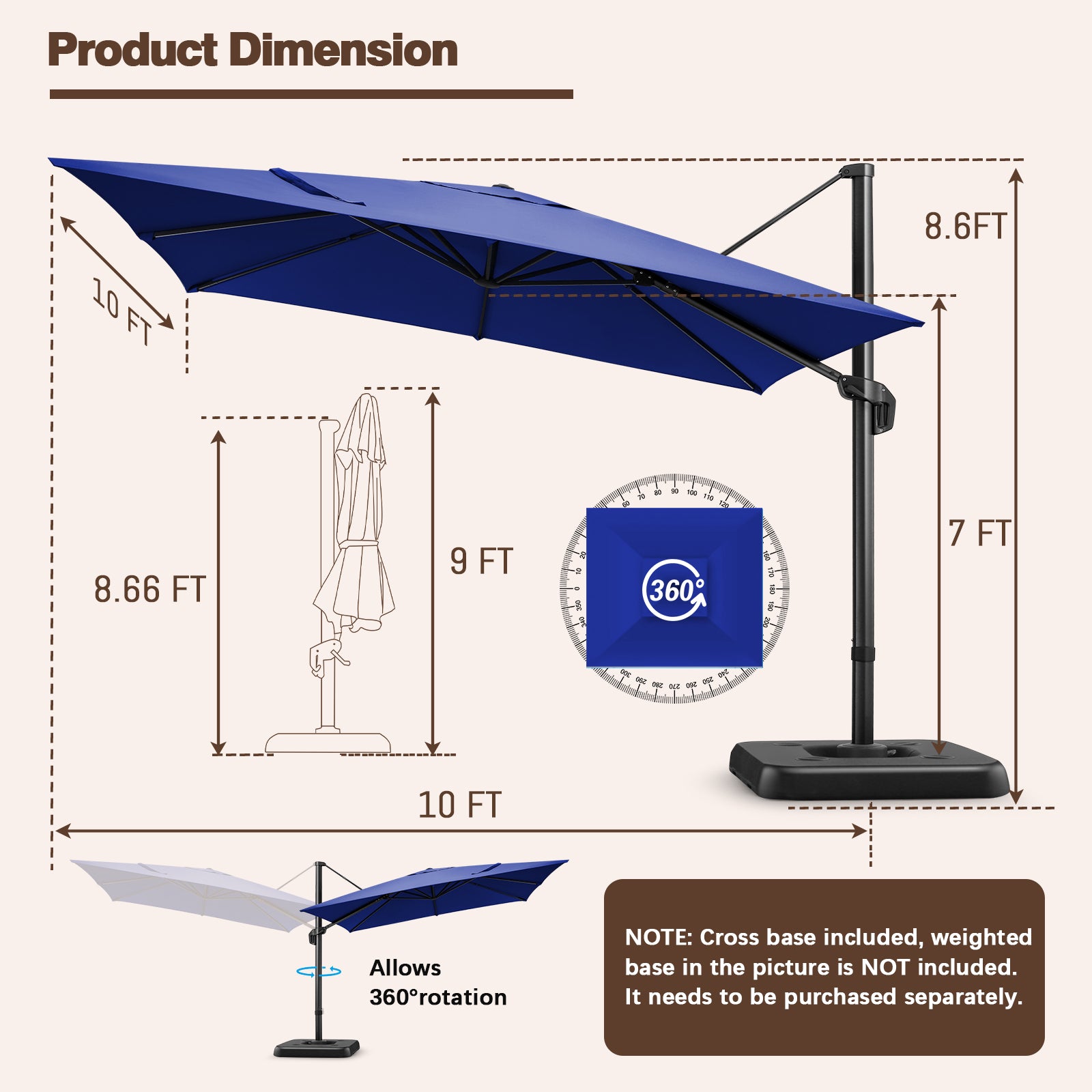 COBIZI 10x10ft Square Outdoor Patio Umbrella Cantilever Umbrella Large Offset Hanging Umbrella Aluminum Umbrella with 360¡ãRotation Adjustable Garden Pool Umbrella,Navy blue