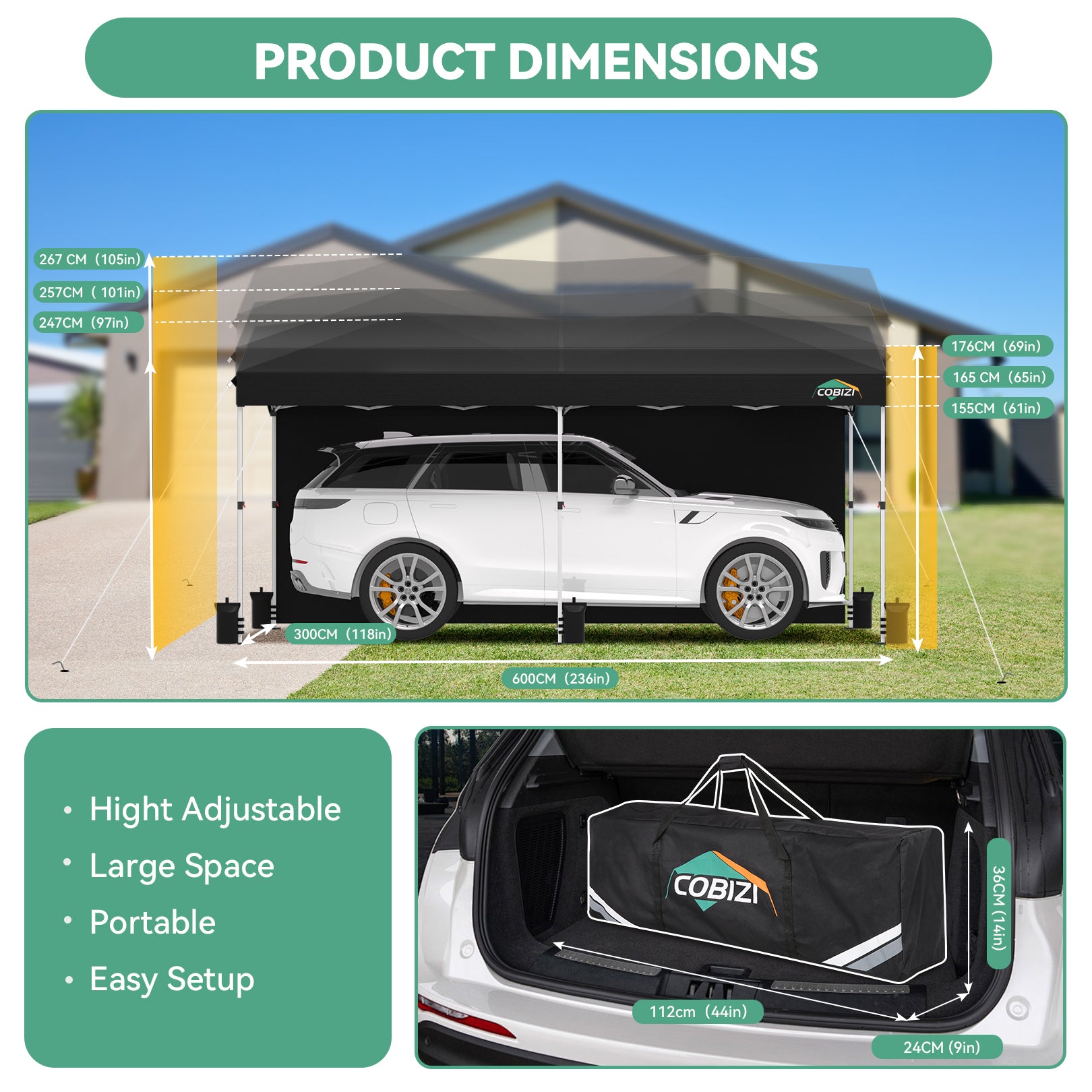 COBIZI 10x20 Pop Up Canopy-Easy Up Carport Canopy with One Push Setup-Outdoor Sun Shade&Waterppof Tent for Parties, Camping, Events-with 2 Sidewalls,Portable Bag,4 Weight Bags,4 Ropes&10 Stakes